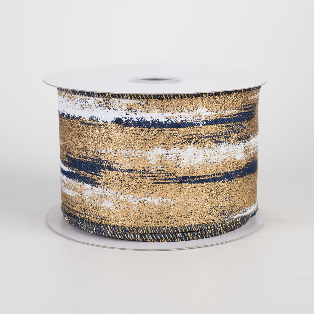 2.5" Glitter Paint Strokes Ribbon: Gold & White on Navy Blue (10 Yards) Item Number: RGH1467WA