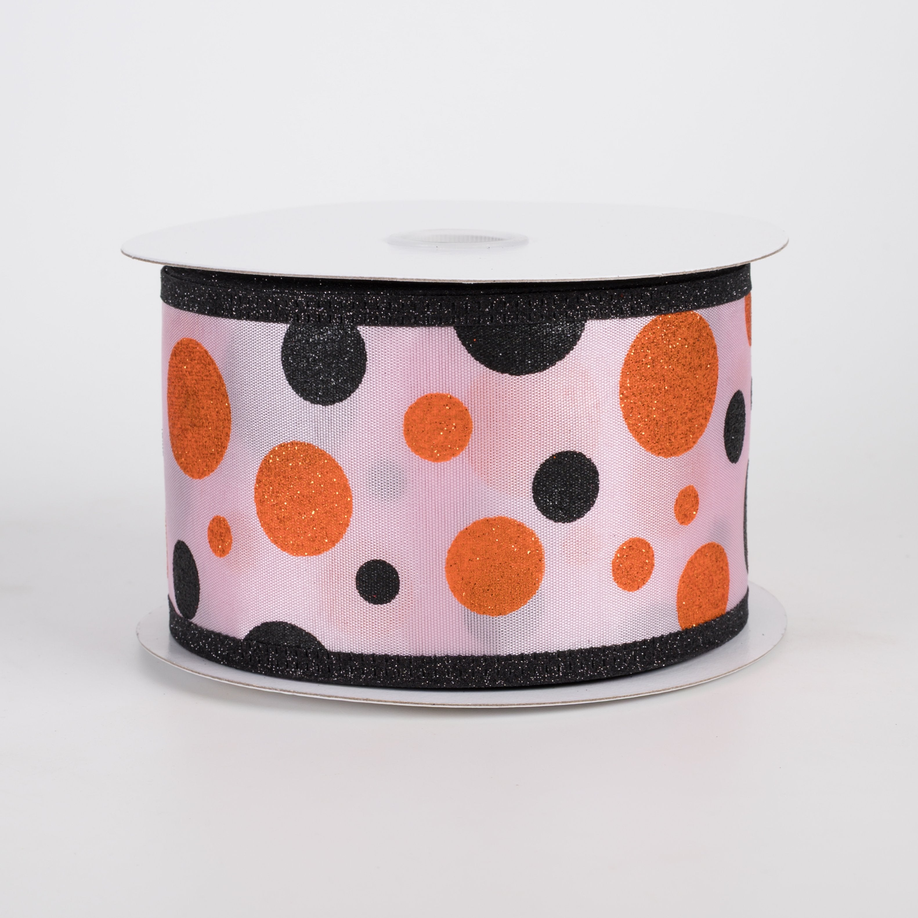 2.5" Glitter Polka Dots Ribbon: Orange & Black on Pink (10 Yards) Item Number: 56611-40-03