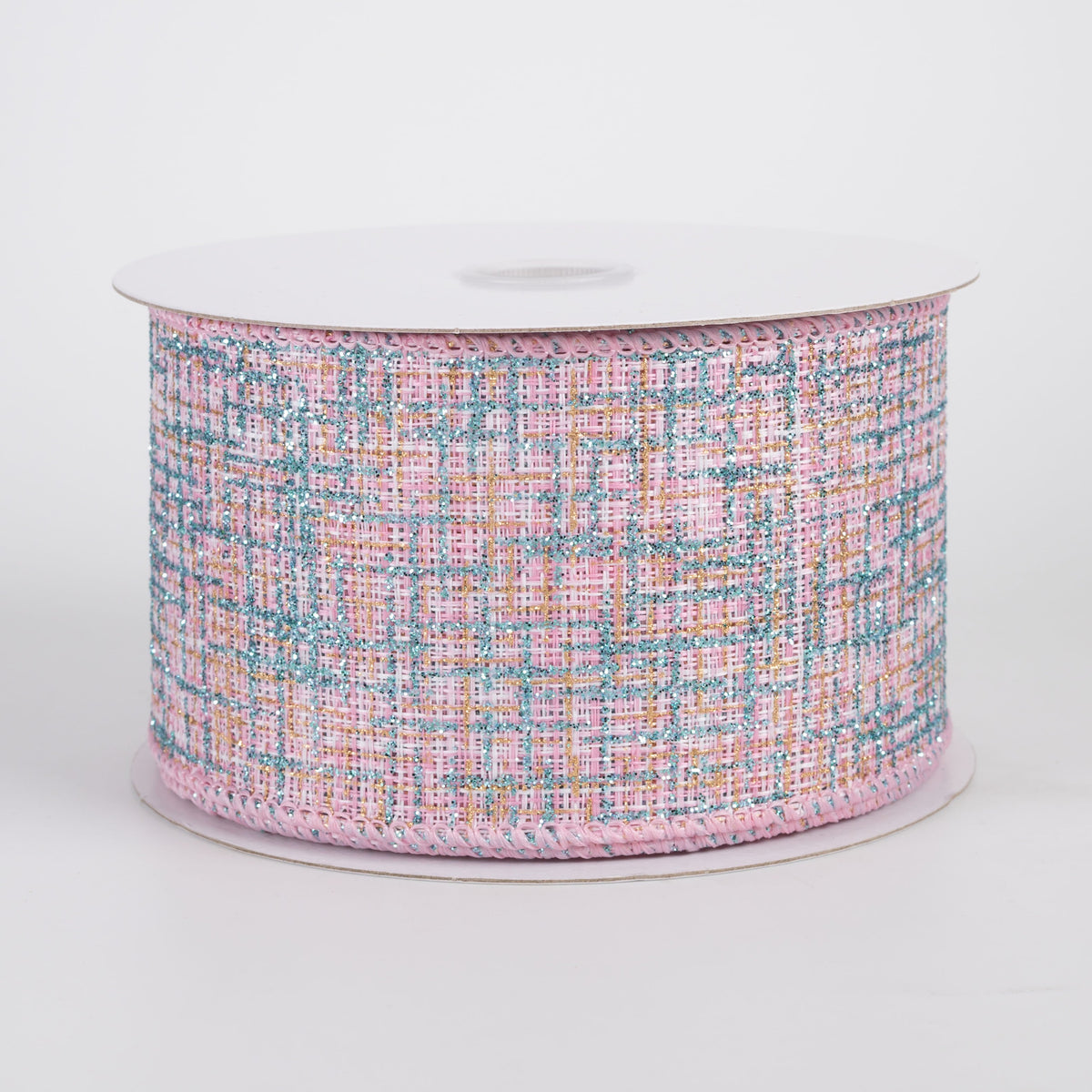 2.5" Glitter Print Tweed Ribbon: Pink, White, Aqua & Gold (10 Yards) Item Number: 72611-40-44