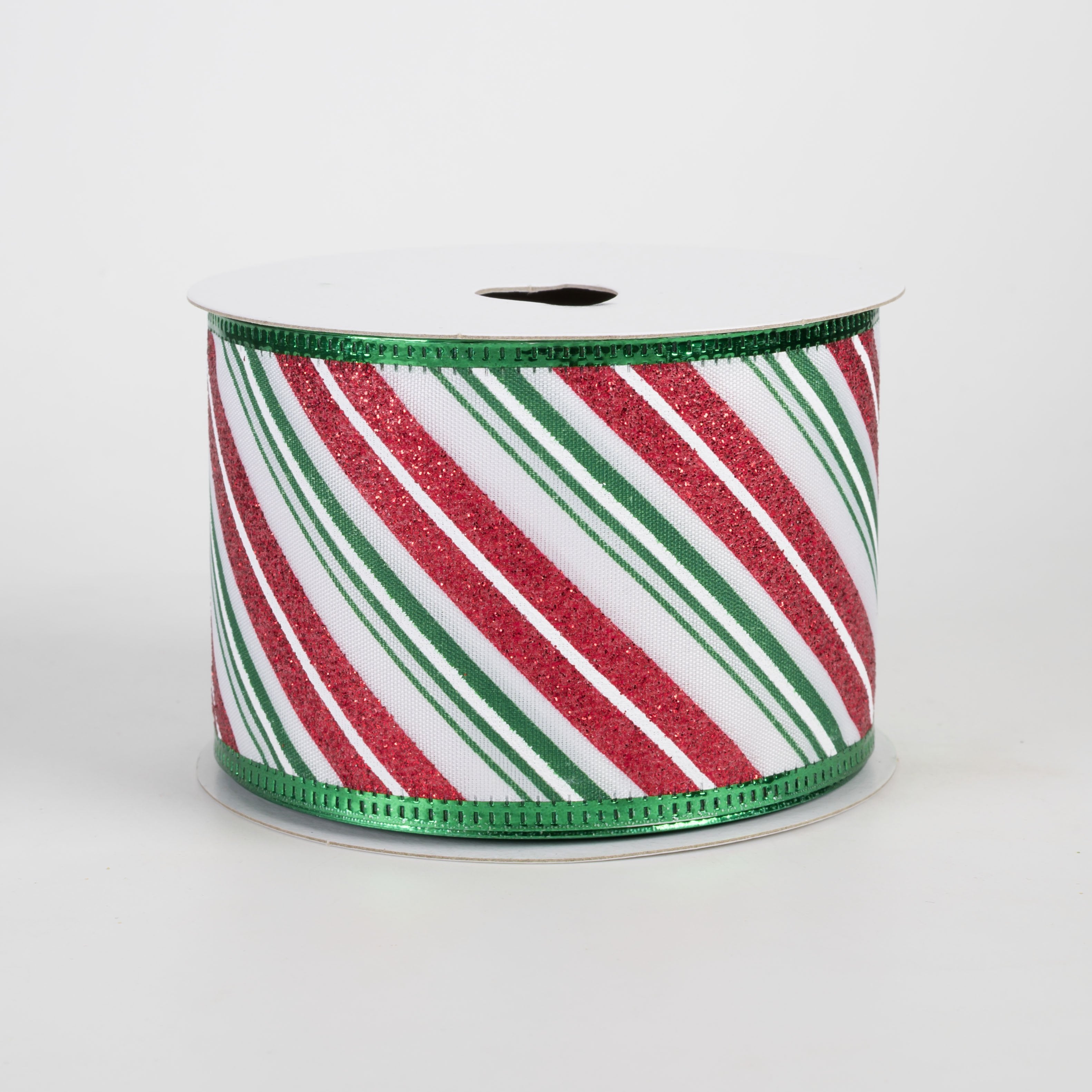 2.5" Glittered Diagonal Stripes Ribbon: Green & Red on White (10 Yards) Item Number: 76607-40-17