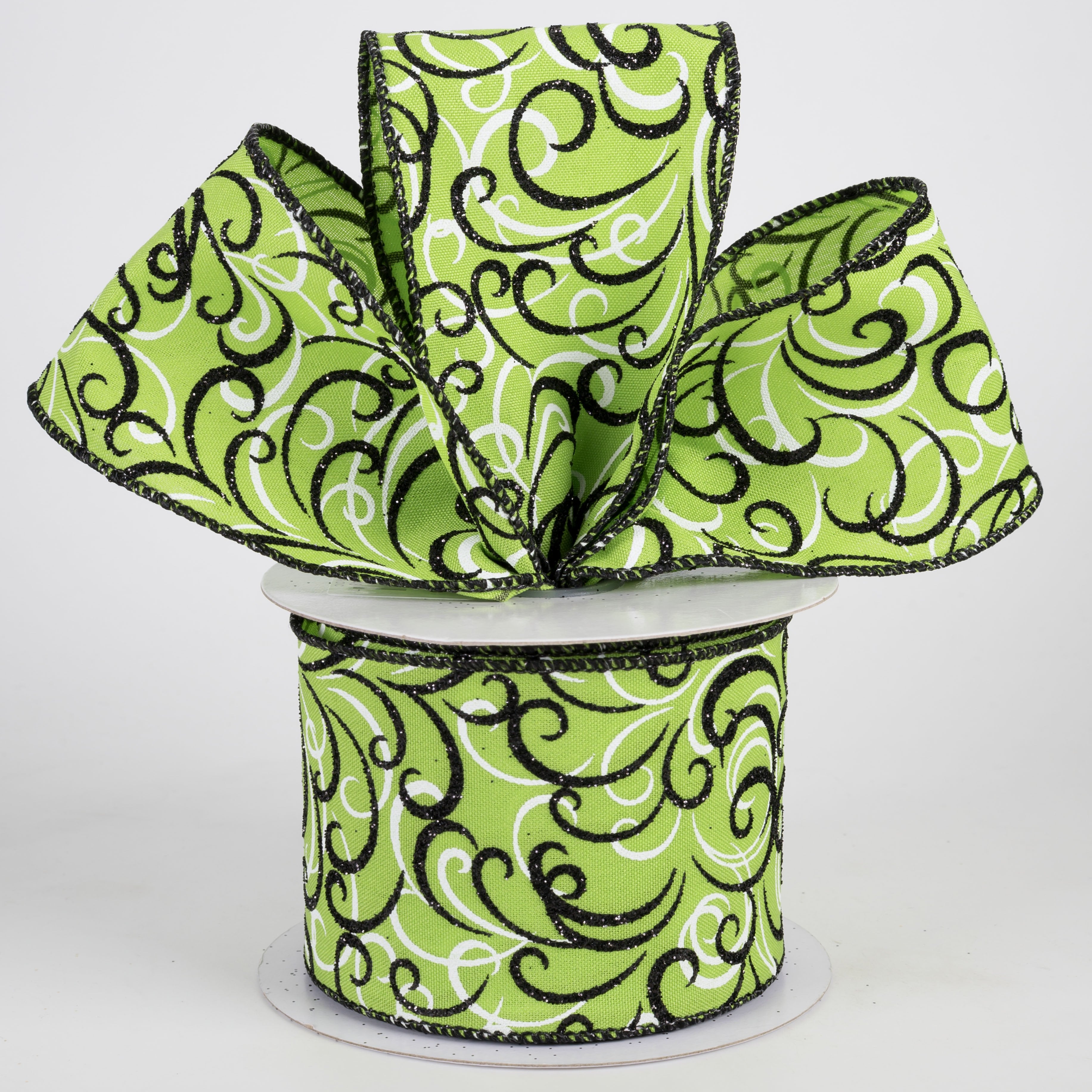 2.5" Glittered Multi Swirls Ribbon: Black & White on Lime Green (10 Yards) Lifestyle Photo