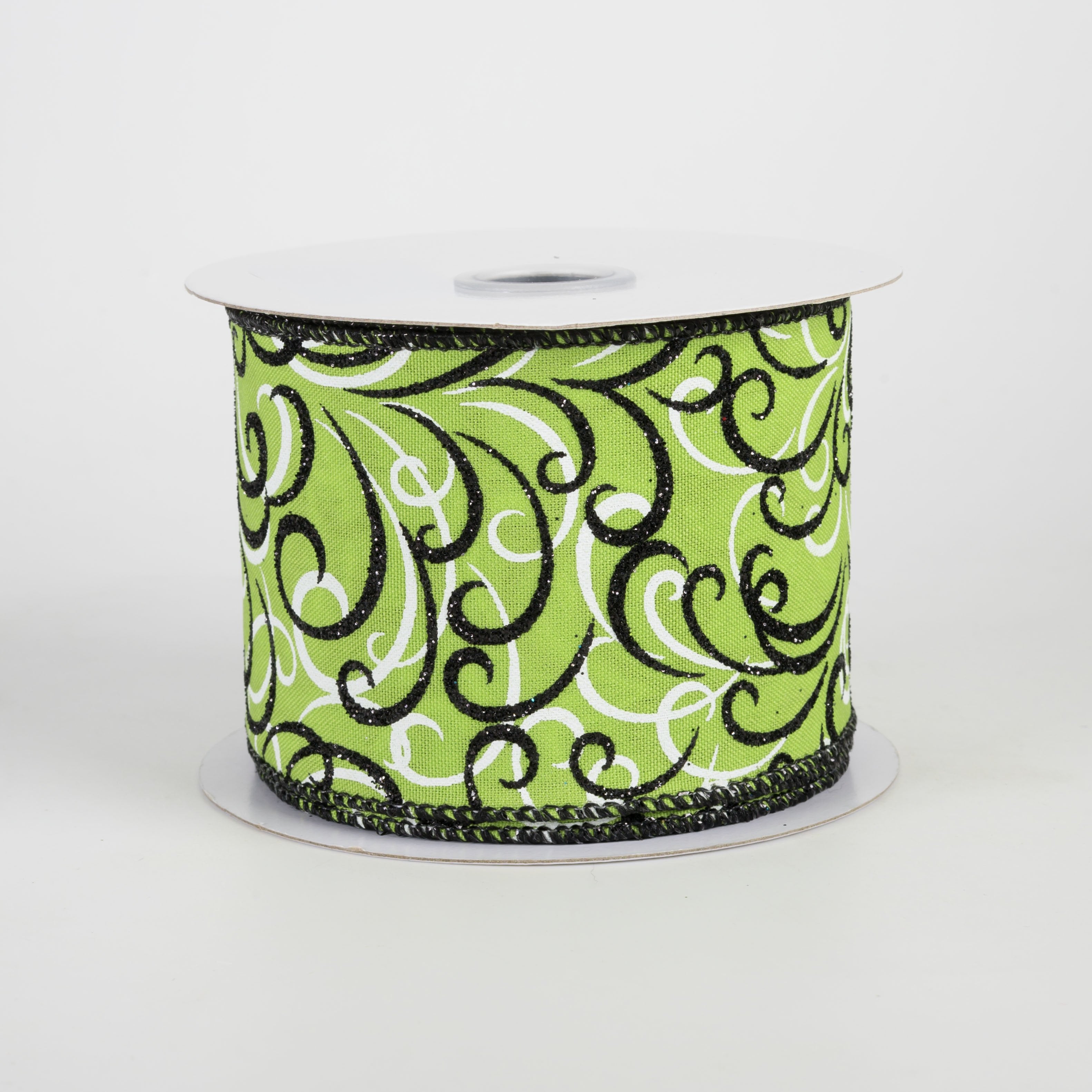2.5" Glittered Multi Swirls Ribbon: Black & White on Lime Green (10 Yards) Item Number: RGF132333