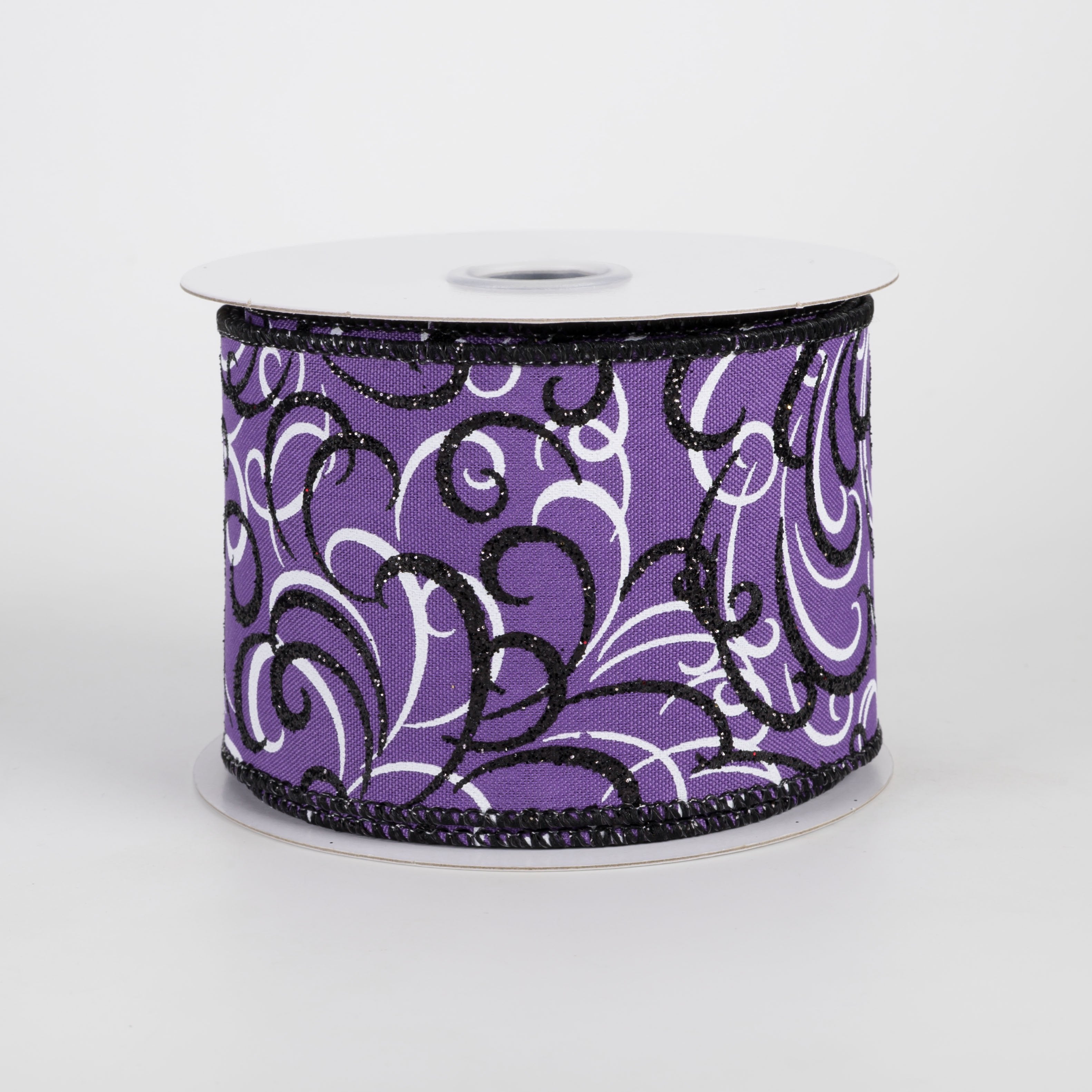 2.5" Glittered Multi Swirls Ribbon: Black & White on Purple (10 Yards) Item Number: RGF13298W
