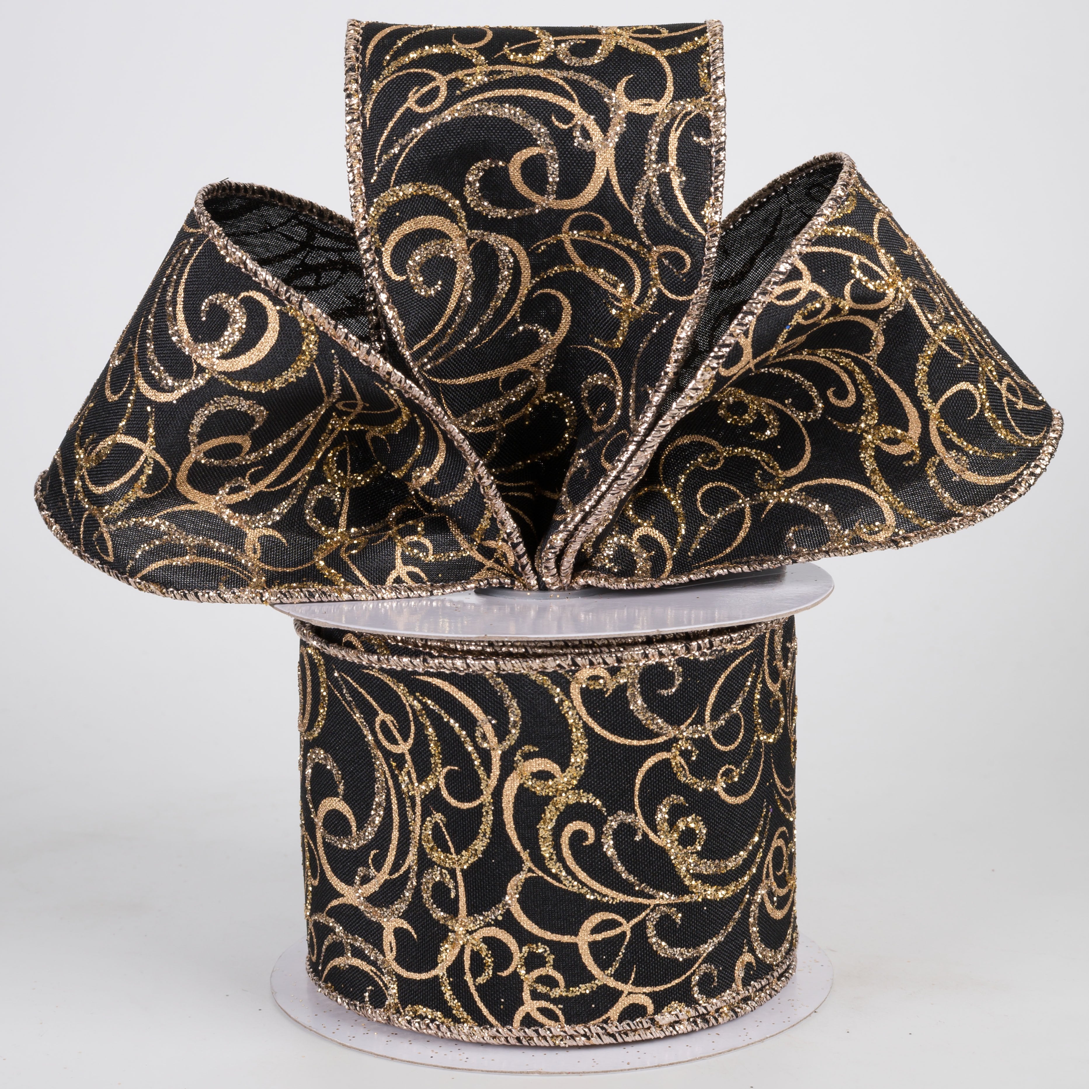 2.5" Glittered Multi Swirls Ribbon: Champagne & Gold on Black (10 Yards) Lifestyle Photo