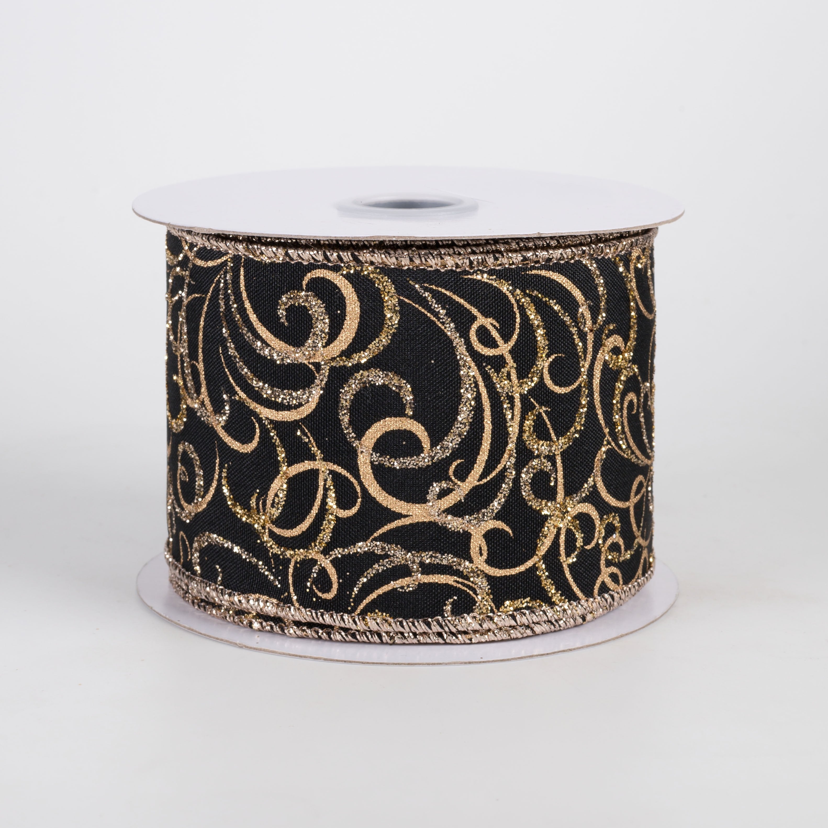 2.5" Glittered Multi Swirls Ribbon: Champagne & Gold on Black (10 Yards) Item Number: RGF133502