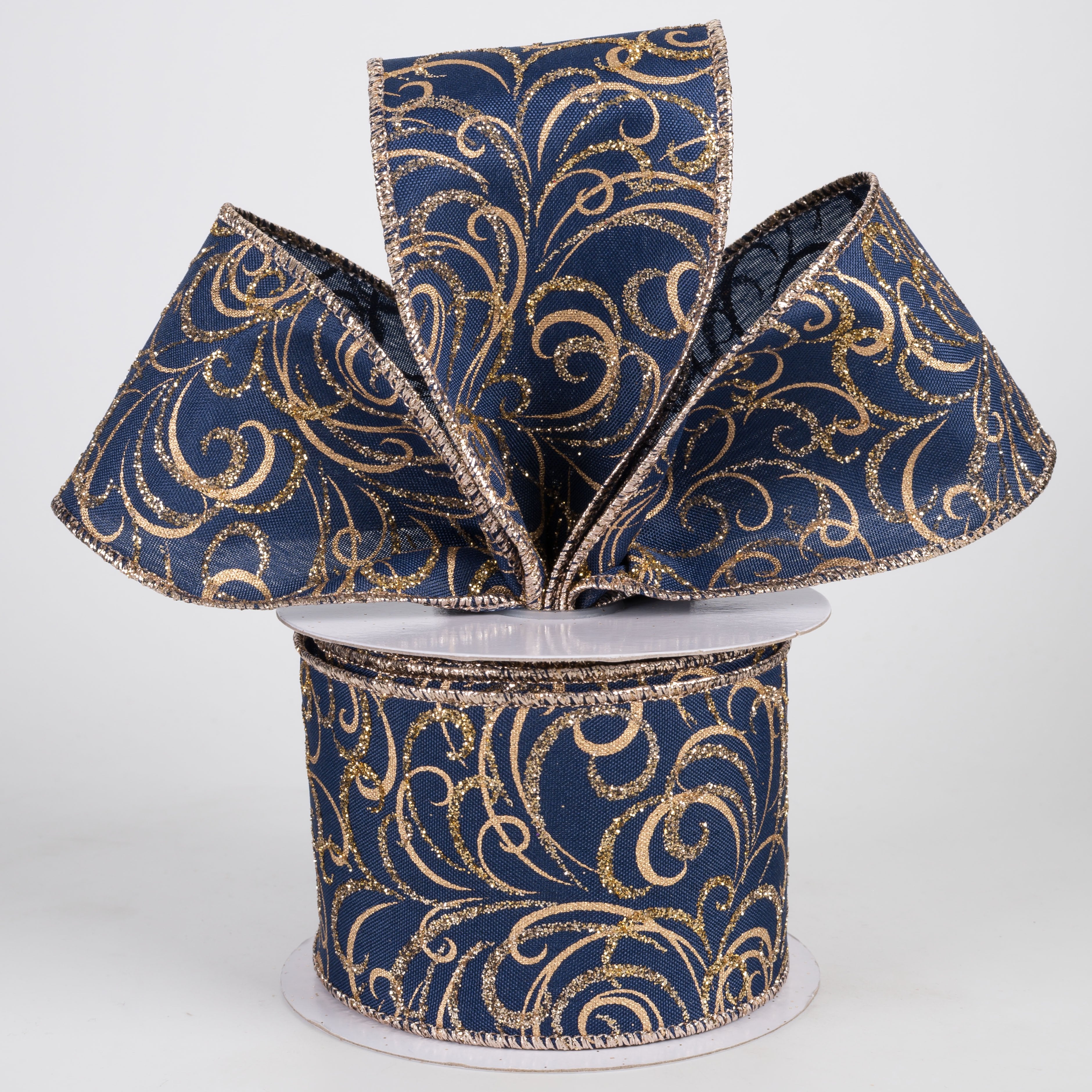 2.5" Glittered Multi Swirls Ribbon: Navy, Champagne & Gold (10 Yards) Lifestyle Photo