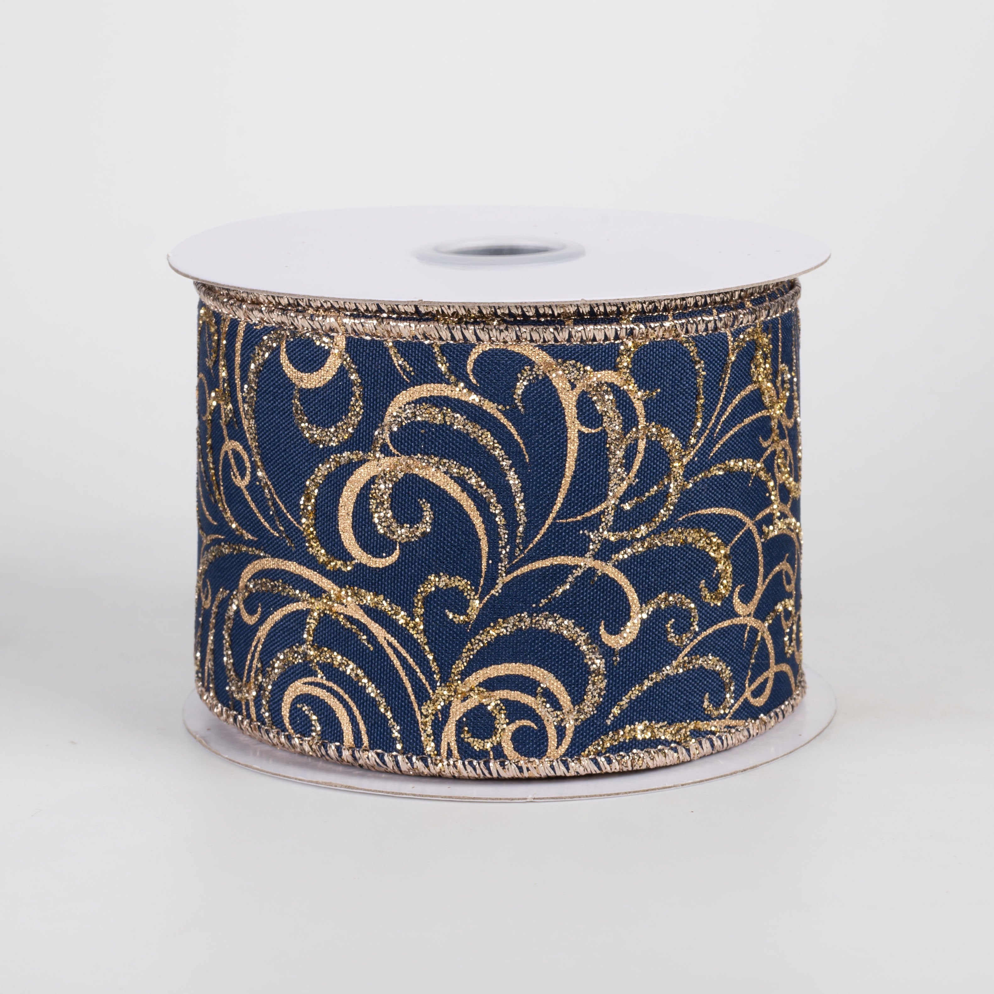2.5" Glittered Multi Swirls Ribbon: Navy, Champagne & Gold (10 Yards) Item Number: RGF133719