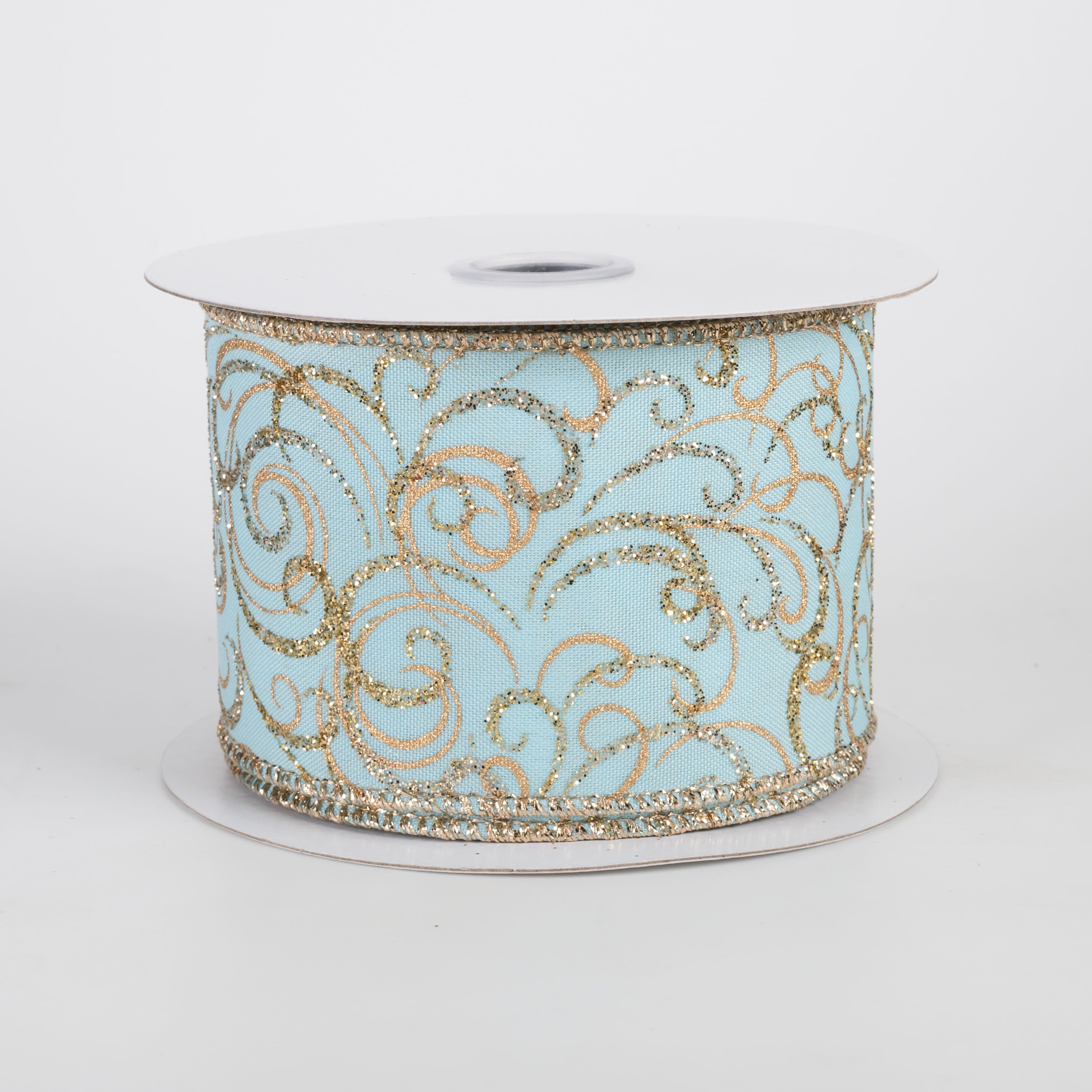 2.5" Glittered Multi Swirls Ribbon: Soft Turquoise, Champagne & Gold (10 Yards) Item Number: RGF1335FY