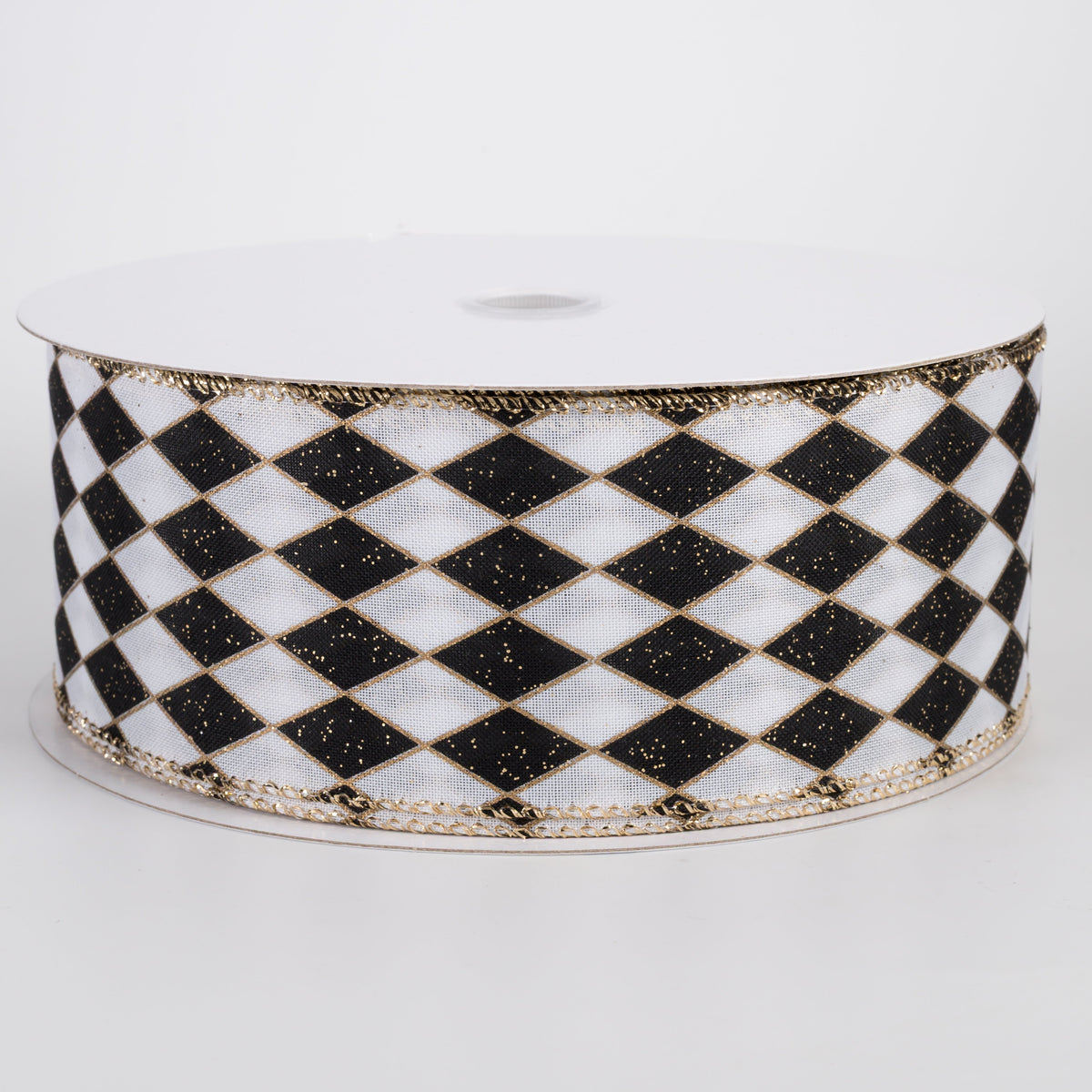 2.5" Glittered Satin Harlequin Ribbon: Black & Gold on White (50 Yards) Item Number: 871-40-528
