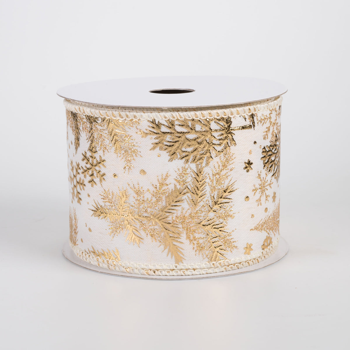 2.5" Gold Embossed Trees & Snowflakes Satin Ribbon: Gold on Ivory (10 Yards) Item Number: 73564-40-40
