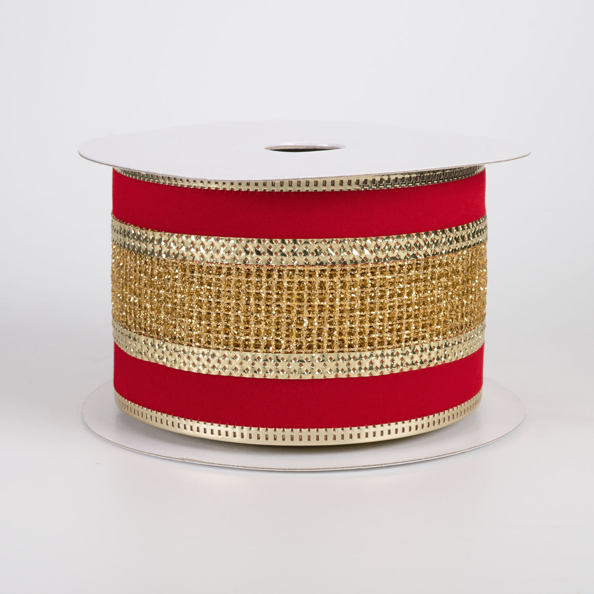 2.5" Gold Net Center Velvet Ribbon: Red (10 Yards) Item Number: X848540-13