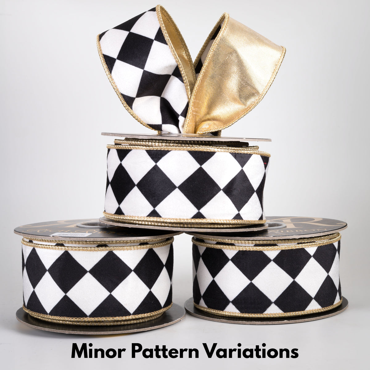2.5" Harlequin Diamond Velvet & Metallic Dupioni Fused Ribbon: Black, White & Gold (10 Yards) Lifestyle Photo