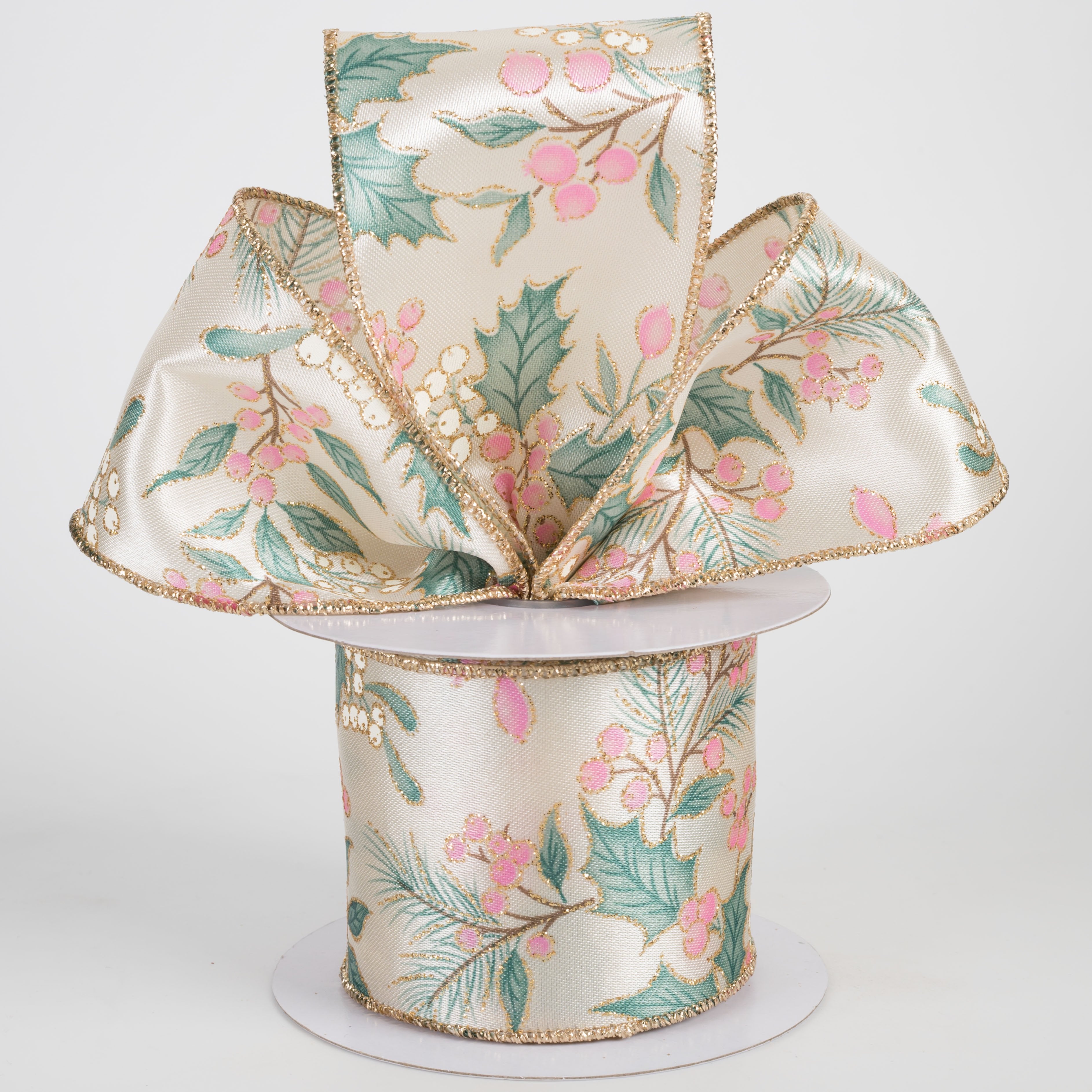 2.5" Holly Berries & Pine Ribbon: Cream, Sage & Pink (10 Yards) Lifestyle Photo
