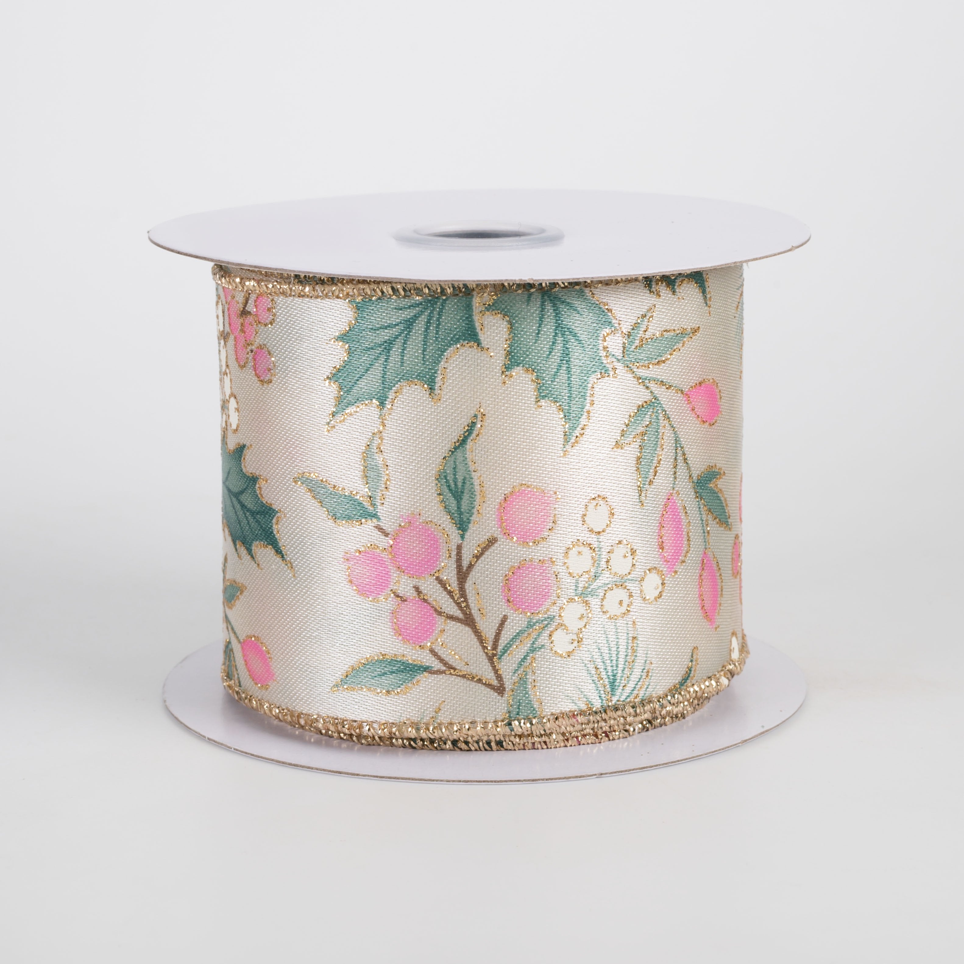 2.5" Holly Berries & Pine Ribbon: Cream, Sage & Pink (10 Yards) Item Number: RGH1400RJ
