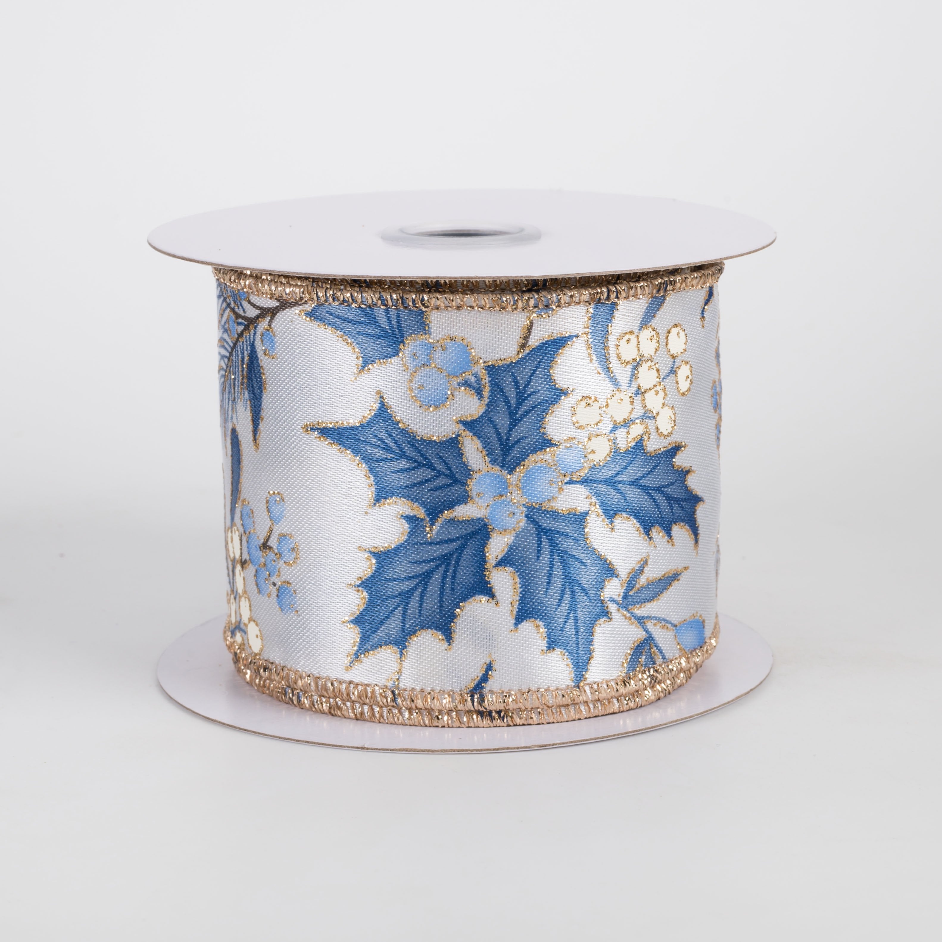 2.5" Holly Berries & Pine Ribbon: White, Blue & Champagne (10 Yards) Item Number: RGH140096