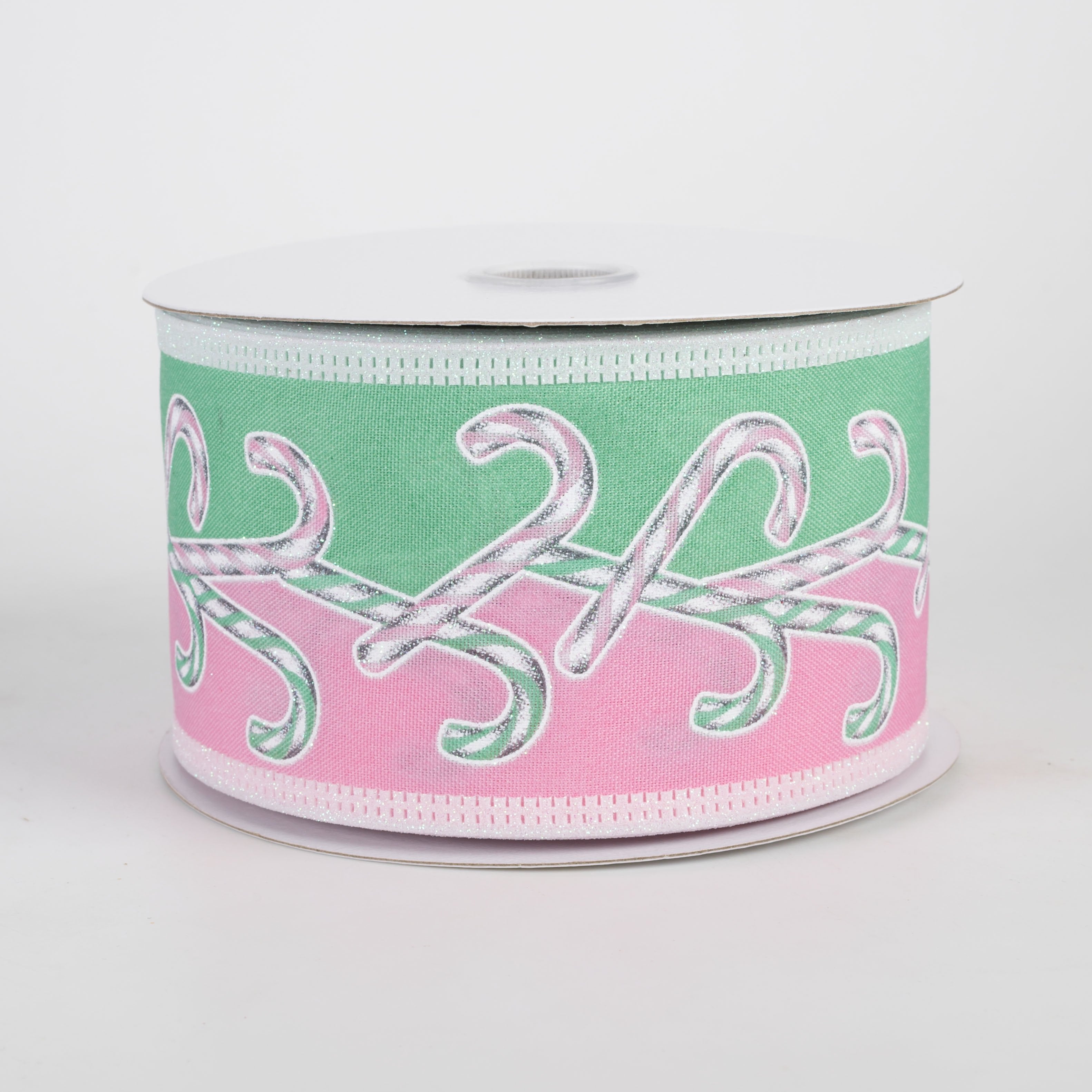 2.5" Iridescent Glitter Dual Candy Cane Ribbon: Mint, Pink & White (10 Yards) Item Number: 76524-40-03
