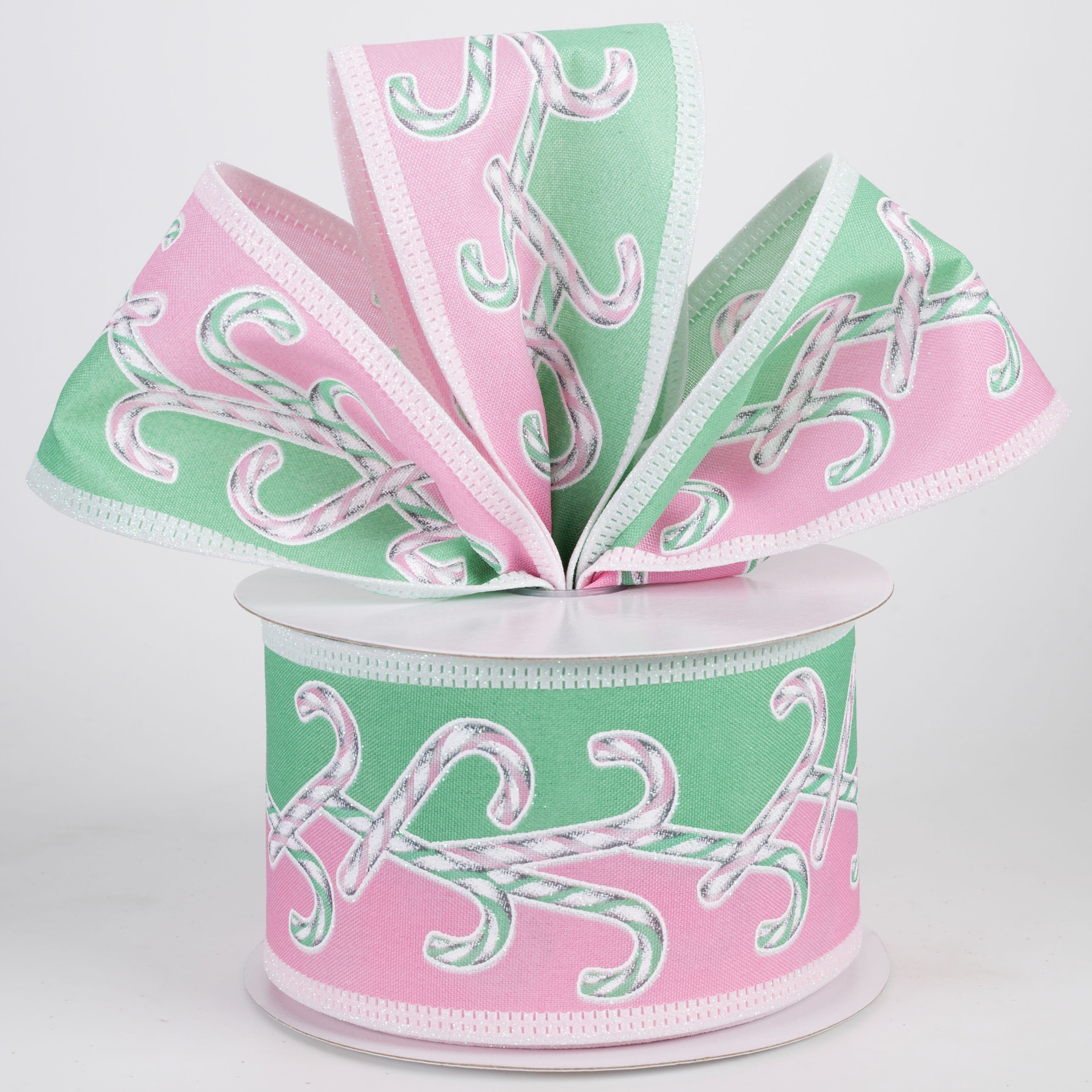 2.5" Iridescent Glitter Dual Candy Cane Ribbon: Mint, Pink & White (10 Yards) Lifestyle Photo