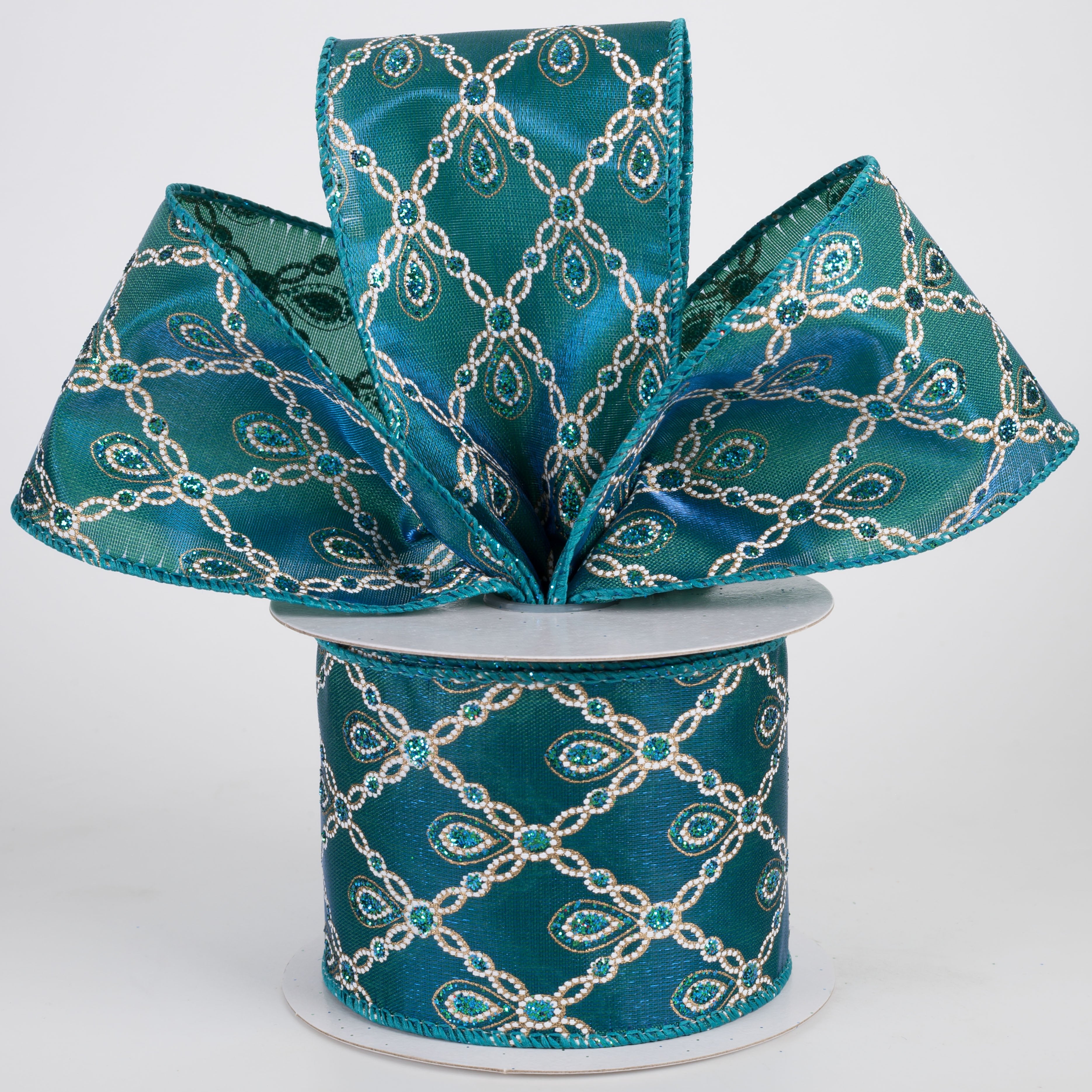 2.5" Jeweled Peacock Diamond Lattice Satin Ribbon: Teal (10 Yards) Lifestyle Photo