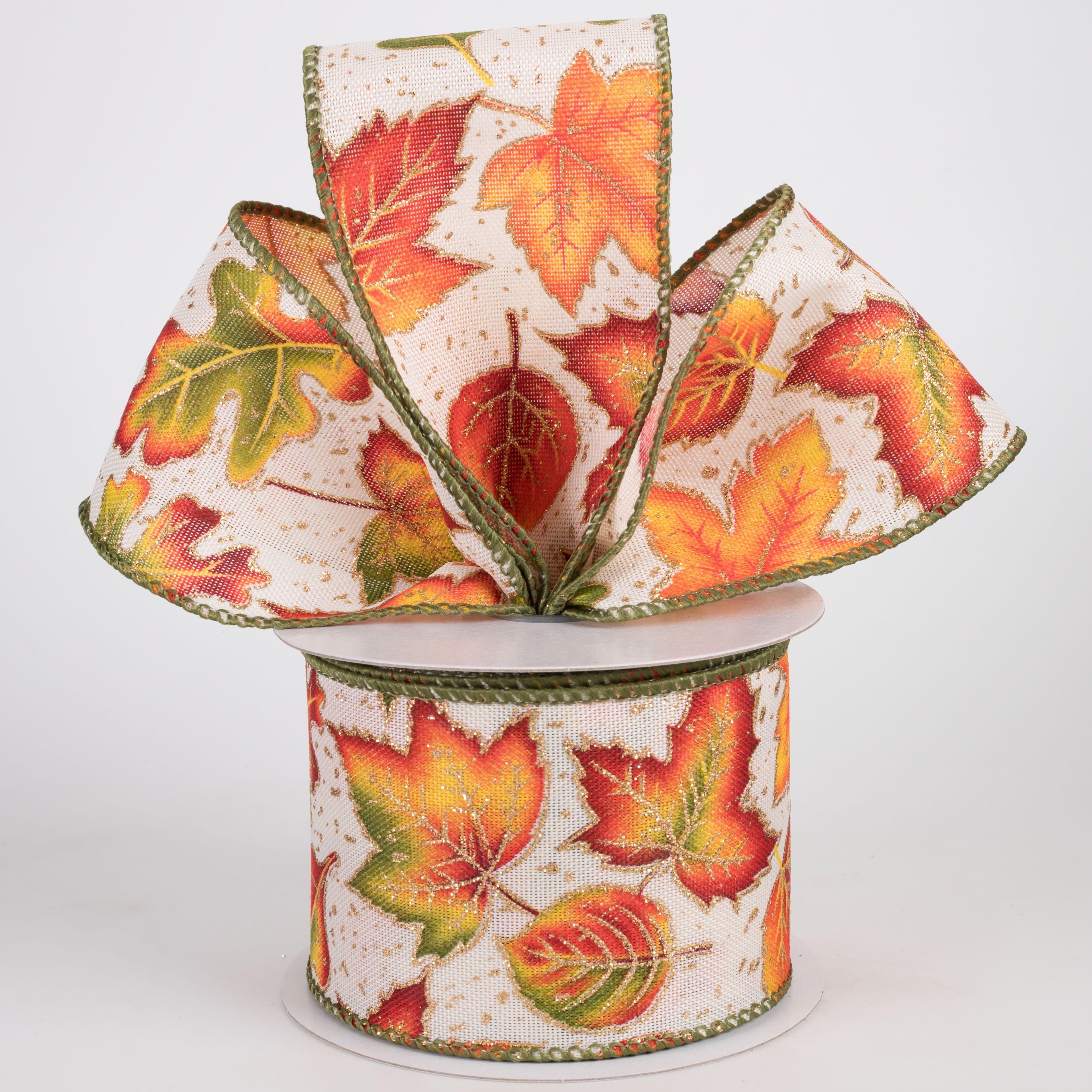 2.5" Linen Big Falling Leaves Ribbon: Moss & Orange on Ivory (10 Yards) Lifestyle Photo