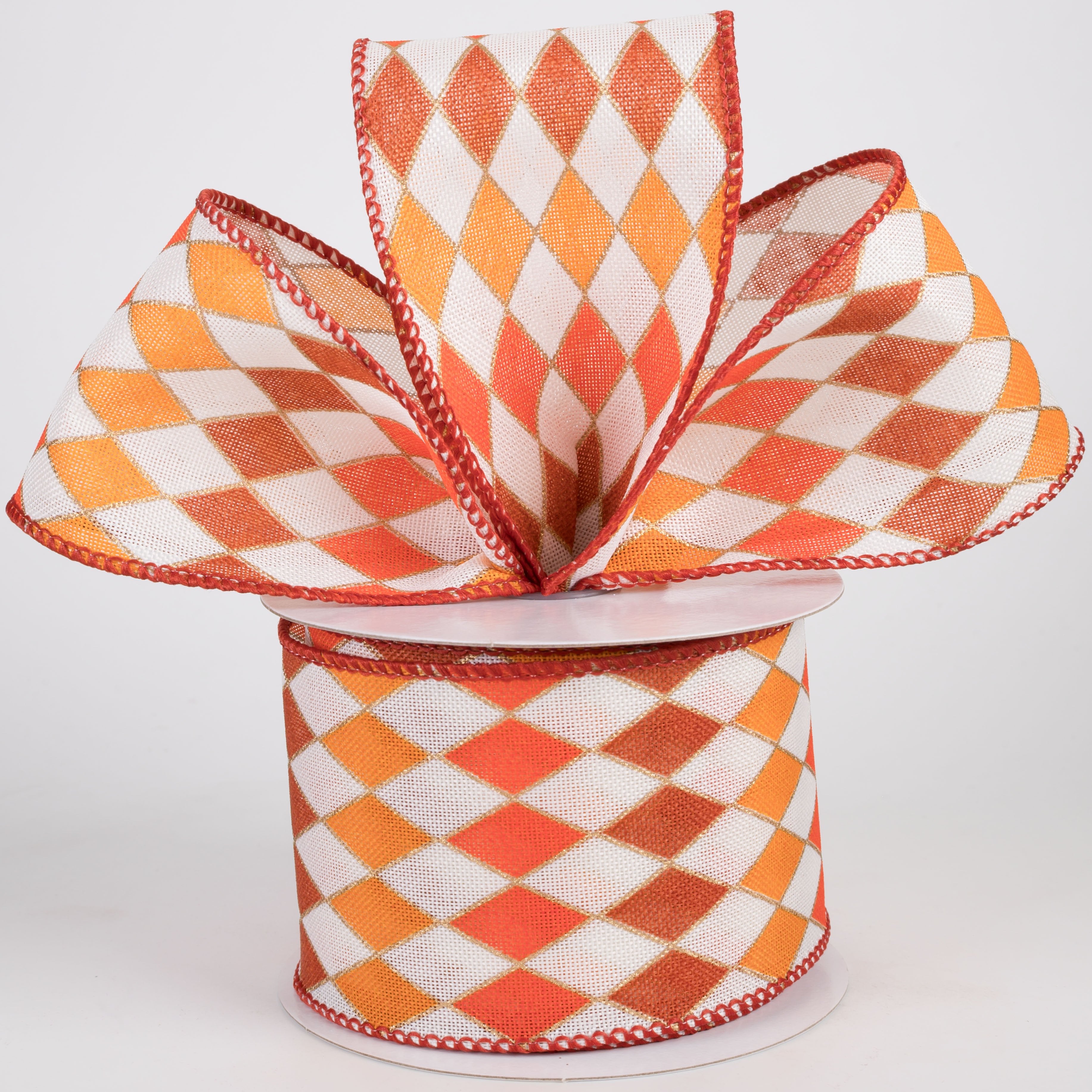 2.5" Linen Cascade Harlequin Ribbon: Rust & Orange on Ivory (10 Yards) Lifestyle Photo