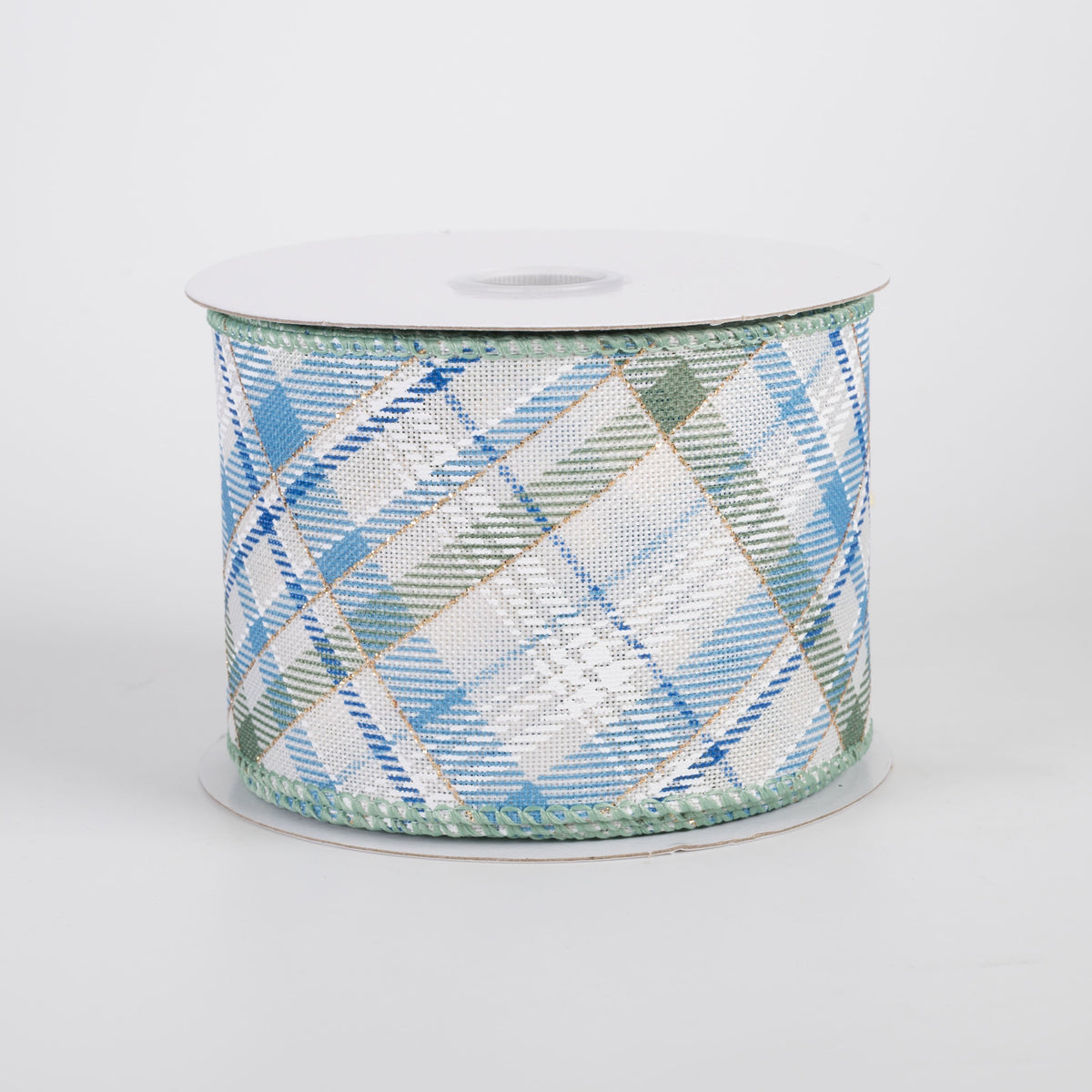 2.5" Linen Diagonal Plaid Ribbon: Blue & Green on Ivory (10 Yards) Item Number: 71653-40-05