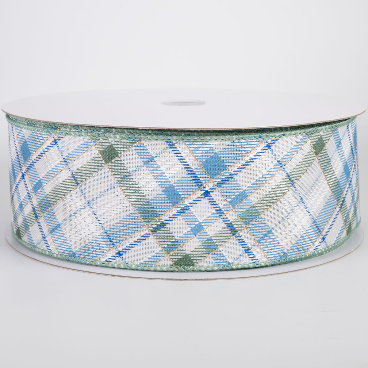 2.5" Linen Diagonal Plaid Ribbon: Blue & Green on Ivory (50 Yards) Item Number: 871-40-629