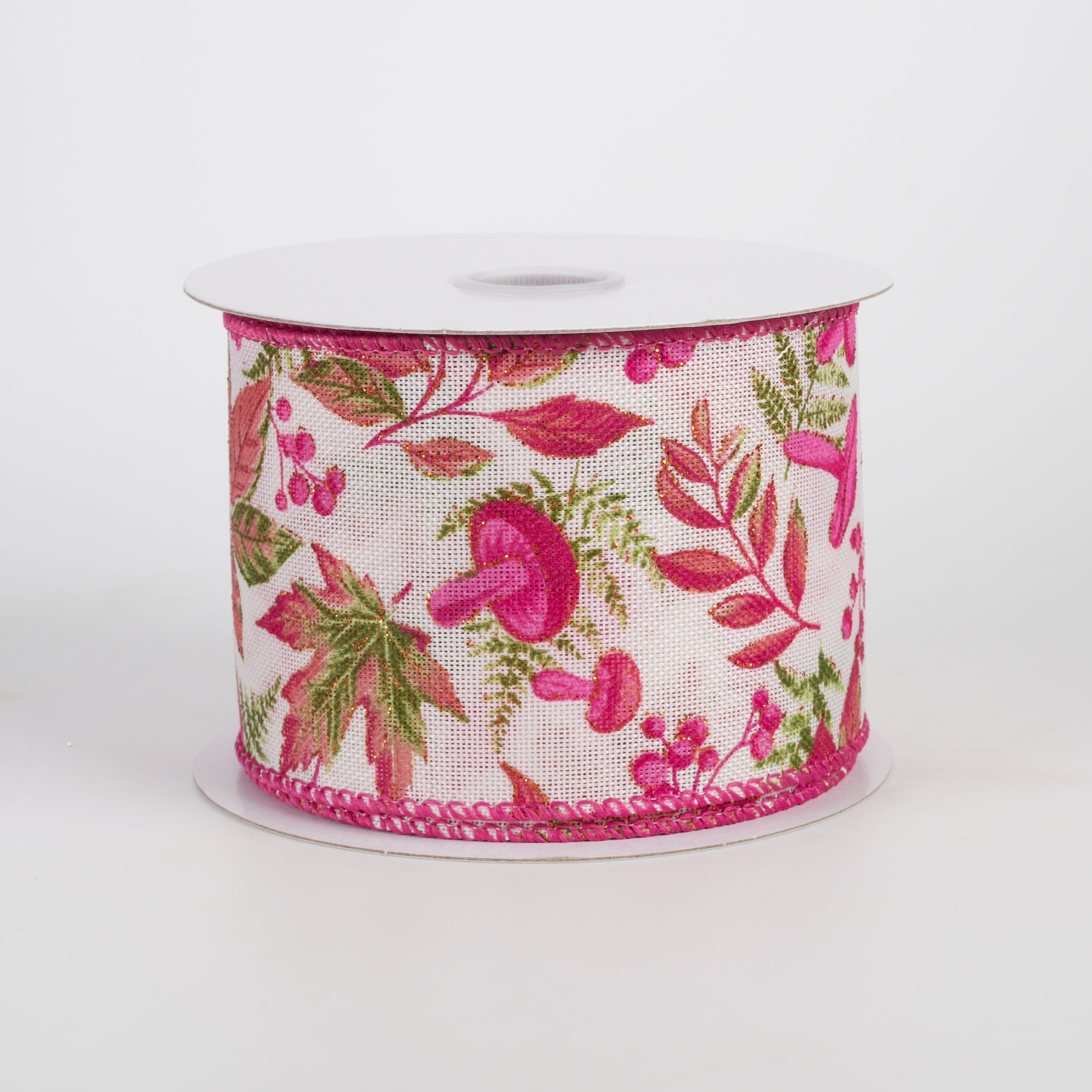 2.5" Linen Fall Forest Floor Ribbon: Moss & Fuchsia on Ivory (10 Yards) Item Number: 61614-40-24