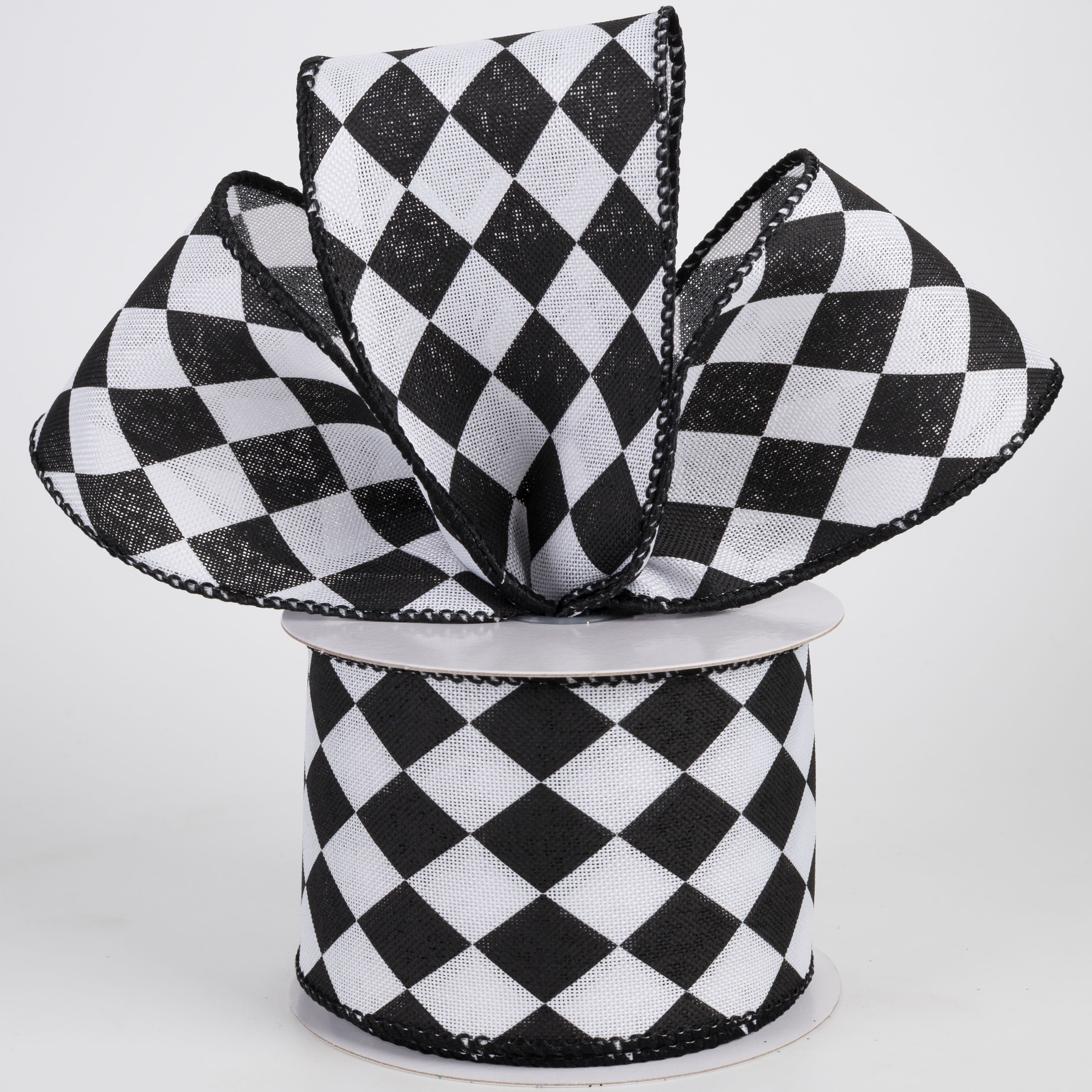 2.5" Linen Harlequin Print Ribbon: Black & White (10 Yards) Lifestyle Photo