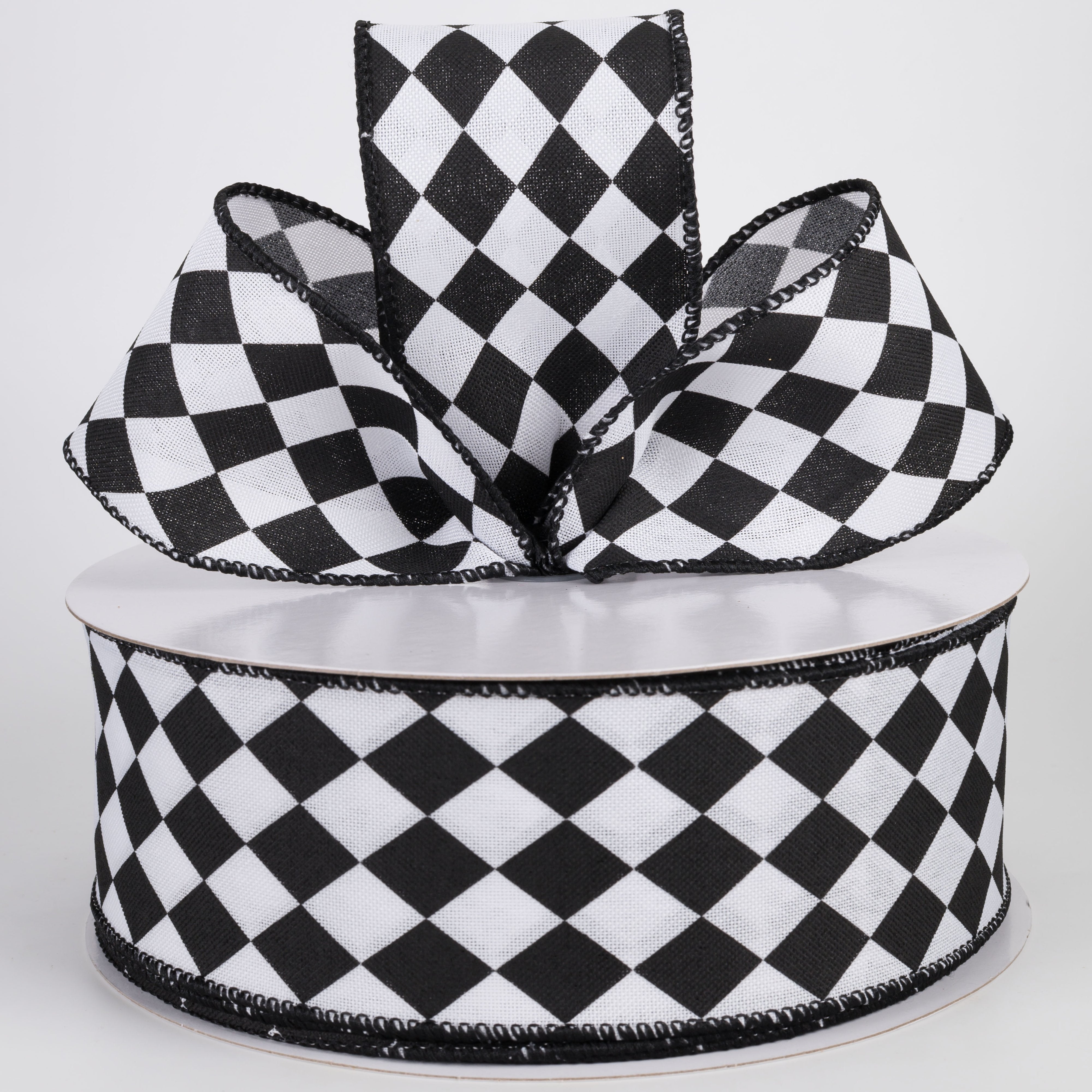 2.5" Linen Harlequin Print Ribbon: Black & White (50 Yards) Lifestyle Photo
