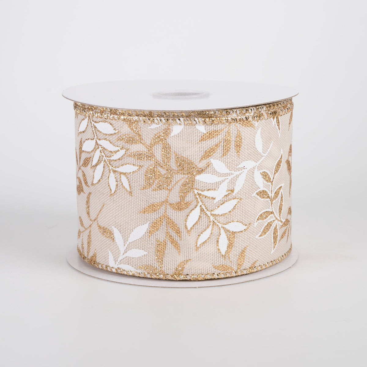 2.5" Linen Pressed Branches Ribbon: White & Gold on Ivory (10 Yards) Item Number: 71492-40-35