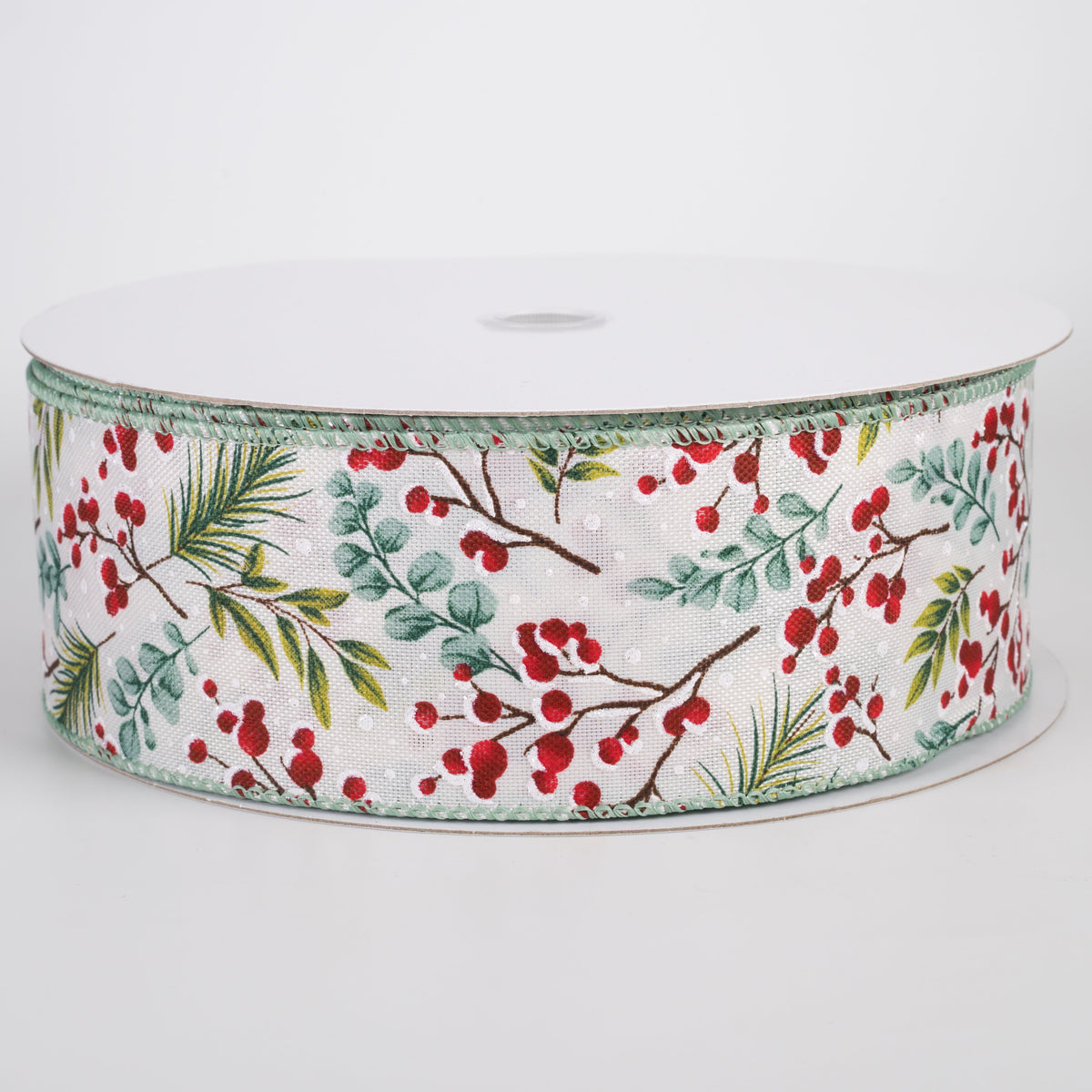 2.5" Linen Teal Eucalyptus & Snow Berries Ribbon: White (50 Yards) Item Number: 871-40-630