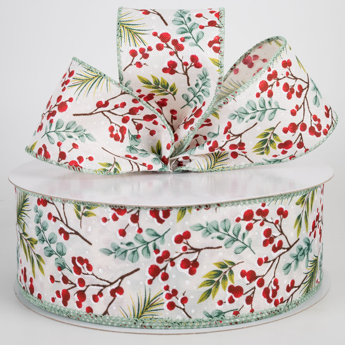 2.5" Linen Teal Eucalyptus & Snow Berries Ribbon: White (50 Yards) Lifestyle Photo