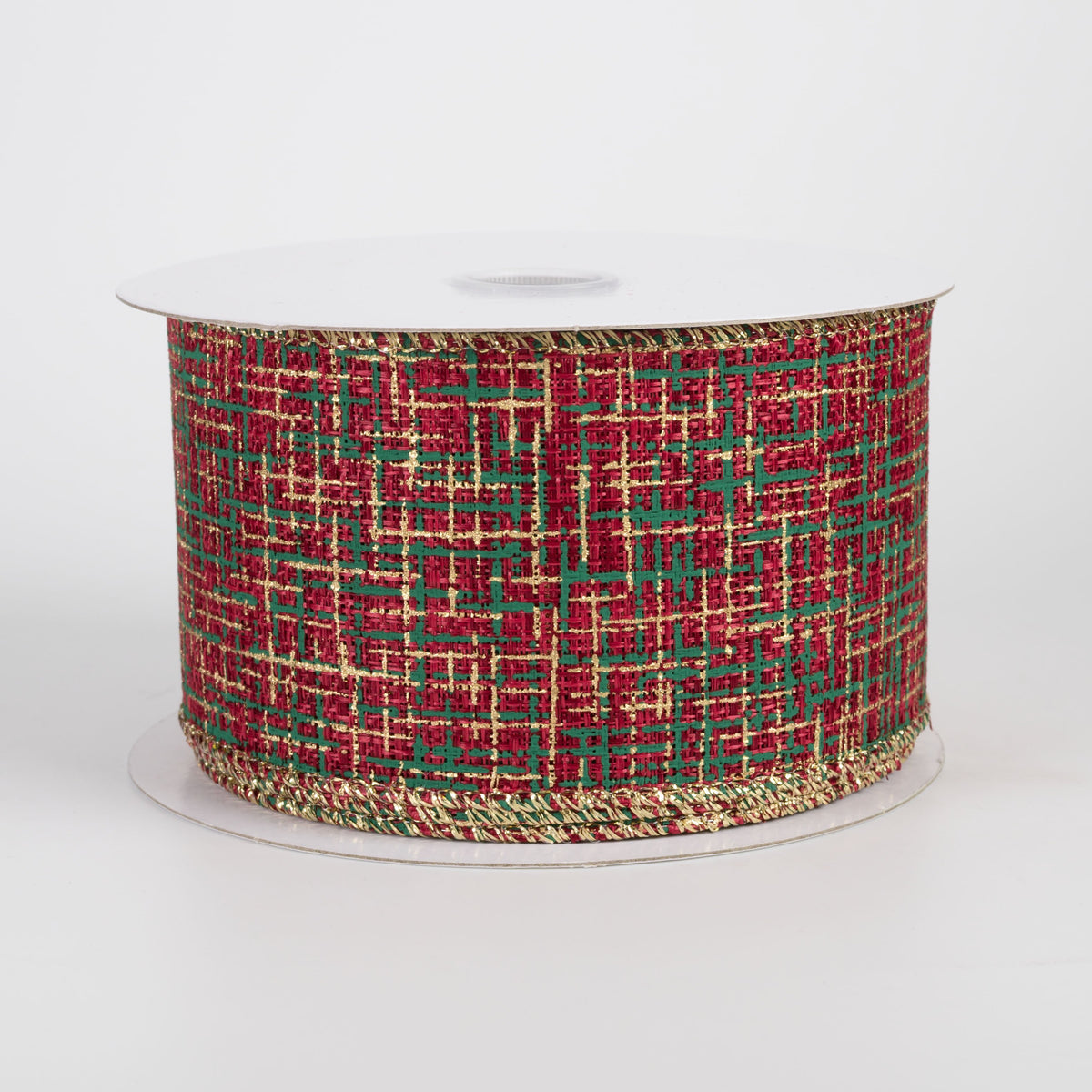 2.5" Linen Tweed Print Ribbon: Green & Gold on Red (10 Yards) Item Number: 71676-40-13