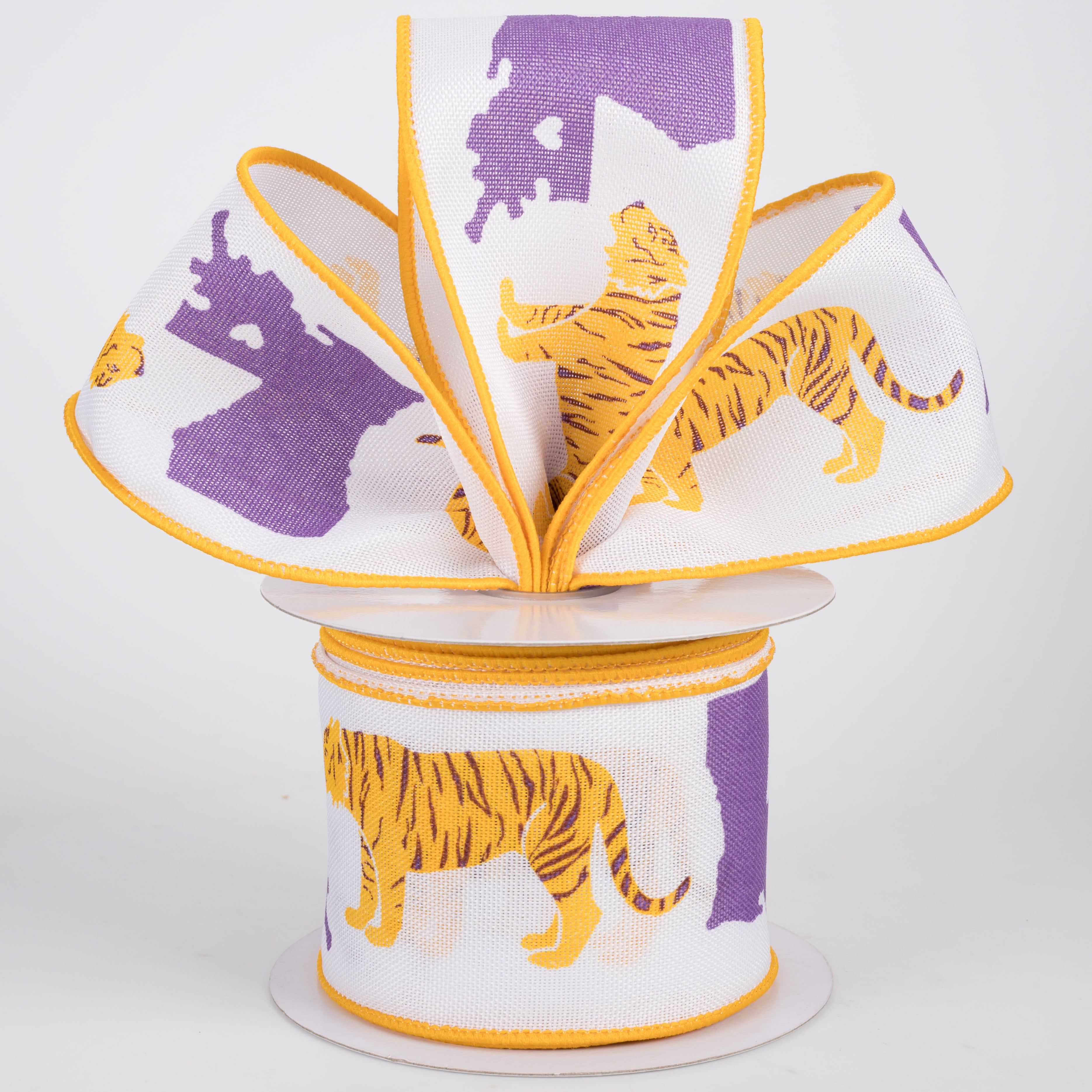 2.5" Louisiana & Tiger Ribbon: Purple & Golden Yellow (10 Yards) Lifestyle Photo