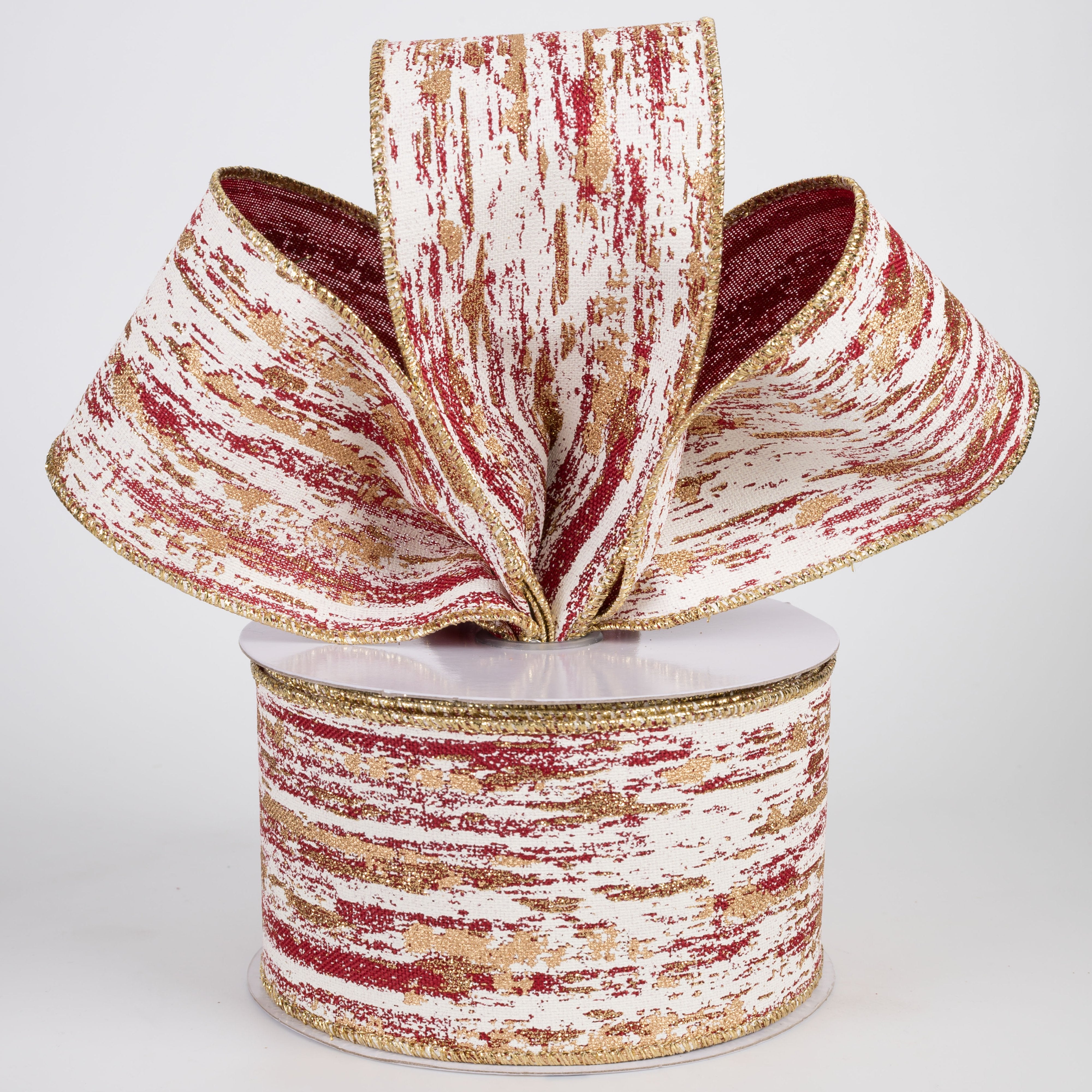 2.5" Metallic Glitter Streaks Ribbon: Cranberry, Cream, Gold (10 Yards) Lifestyle Photo