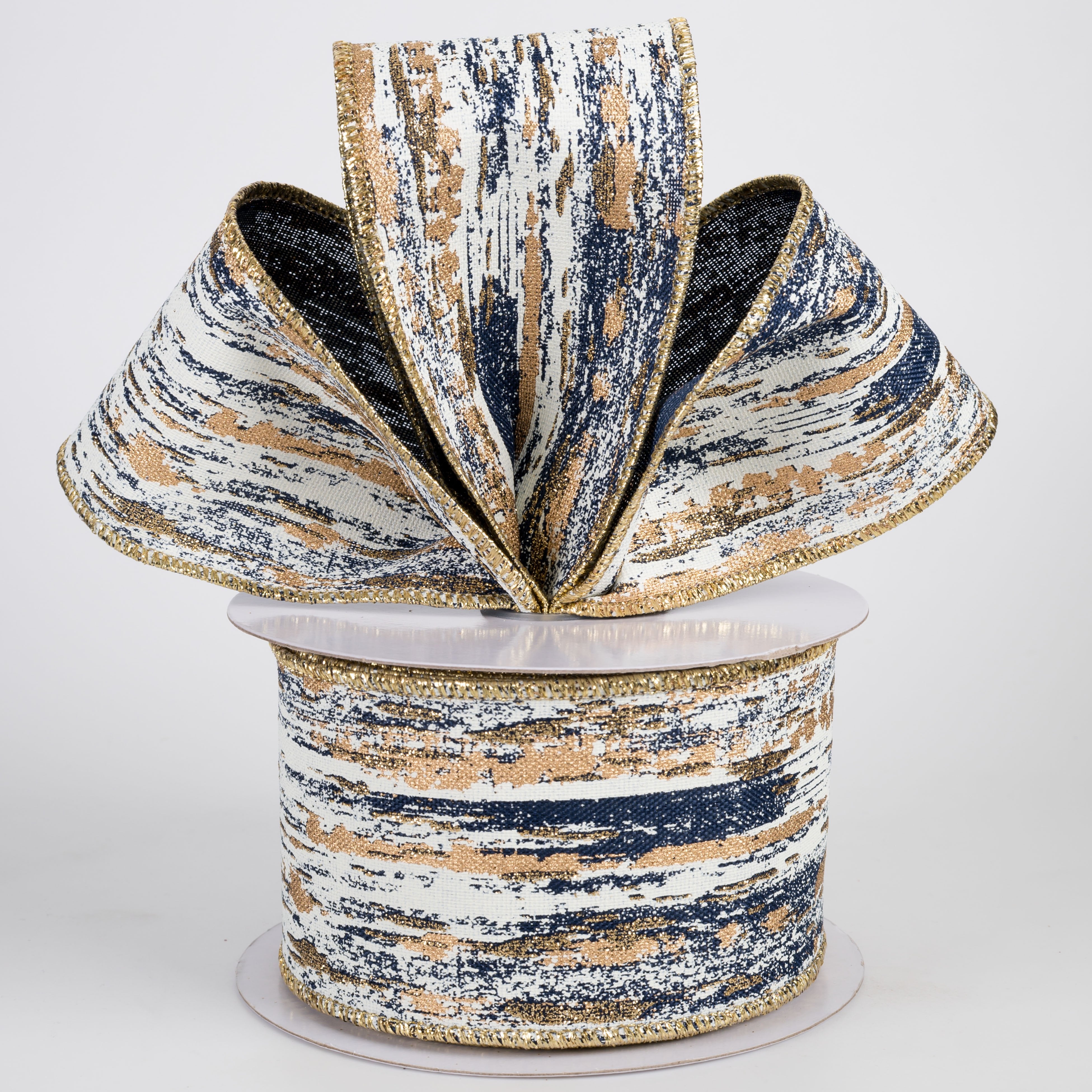 2.5" Metallic Glitter Streaks Ribbon: Navy, Cream, Gold (10 Yards) Lifestyle Photo