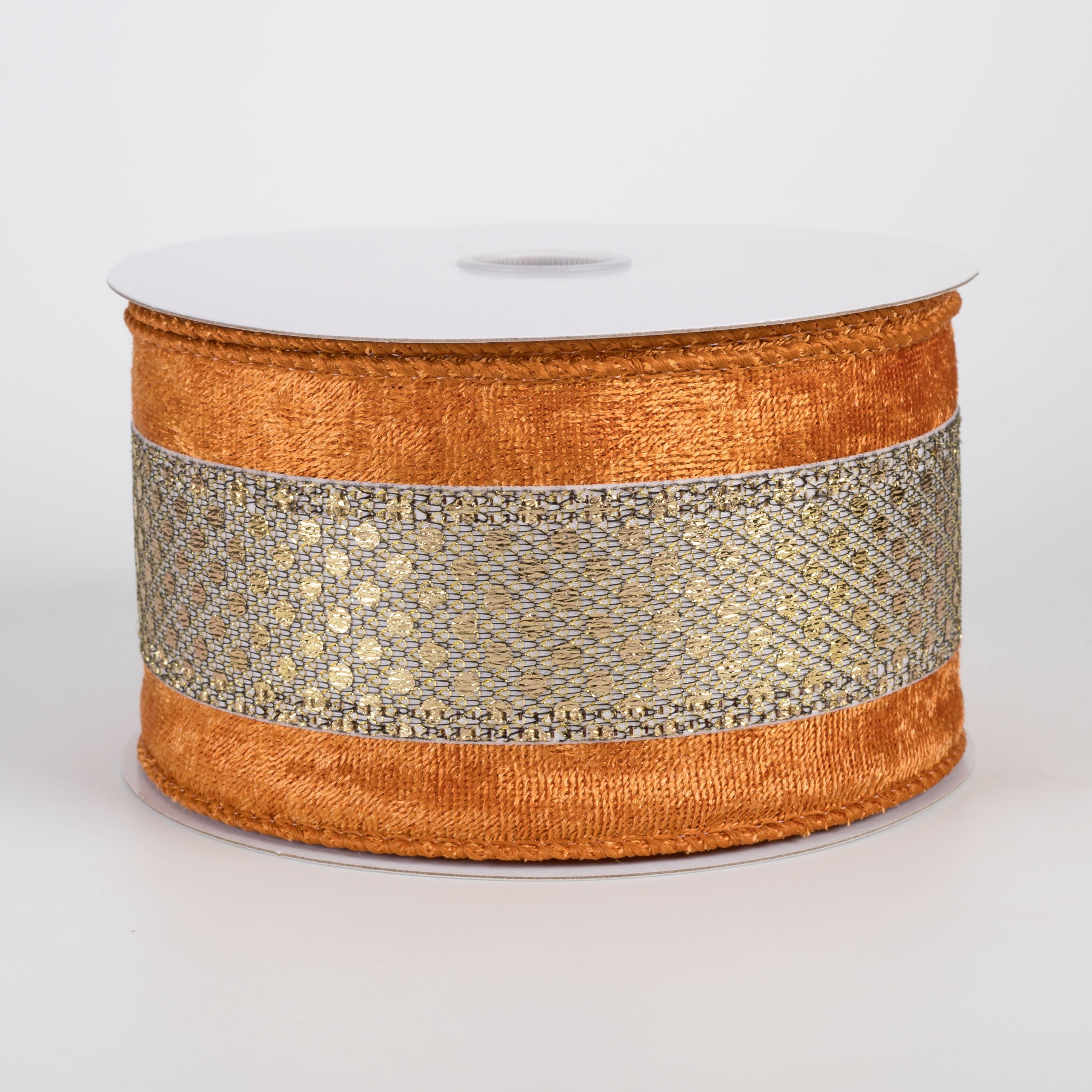 2.5" Metallic Mesh Velvet Edge Ribbon: Gold & Rust (10 Yards) Item Number: 65527-40-15