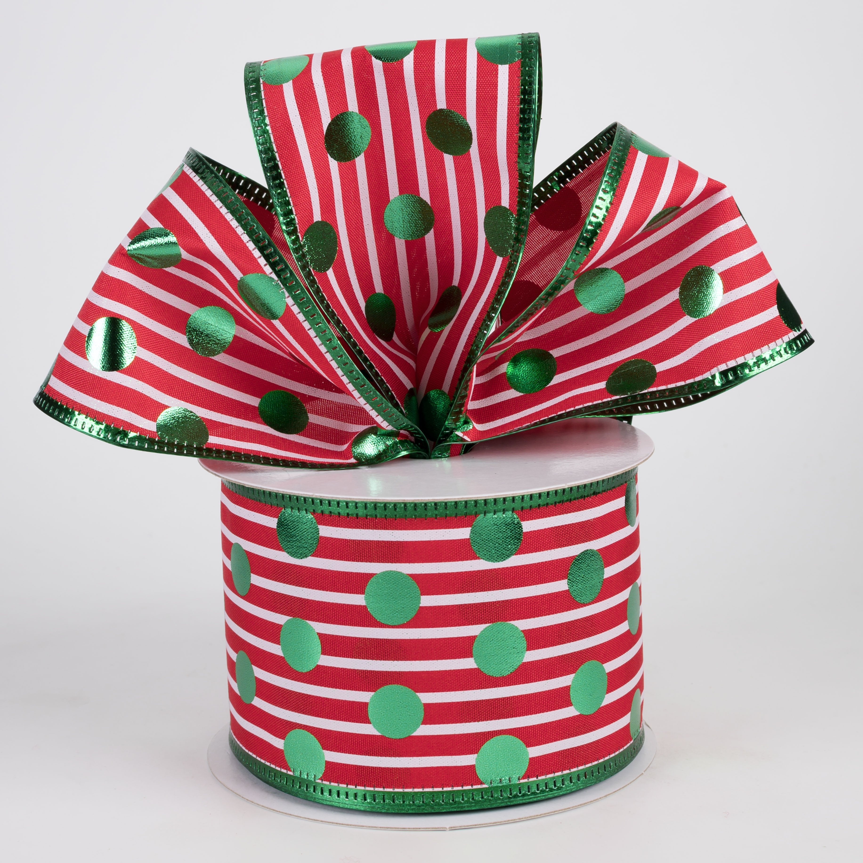 2.5" Metallic Polka Dot & Edge Ribbon: Green on Red & White (10 Yards) Lifestyle Photo