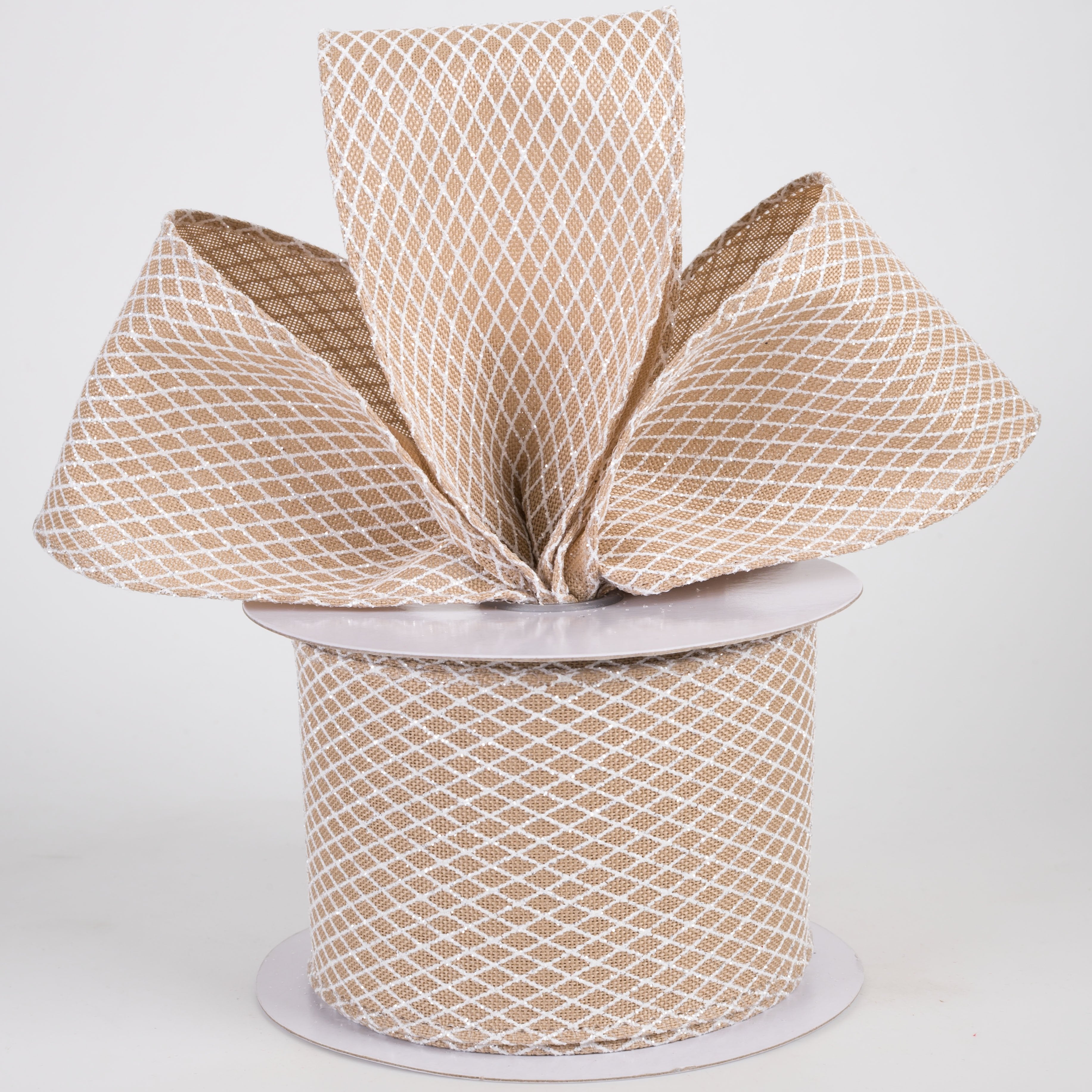 2.5" Mini Glitter Harlequin Ribbon: White on Beige (10 Yards) Lifestyle Photo