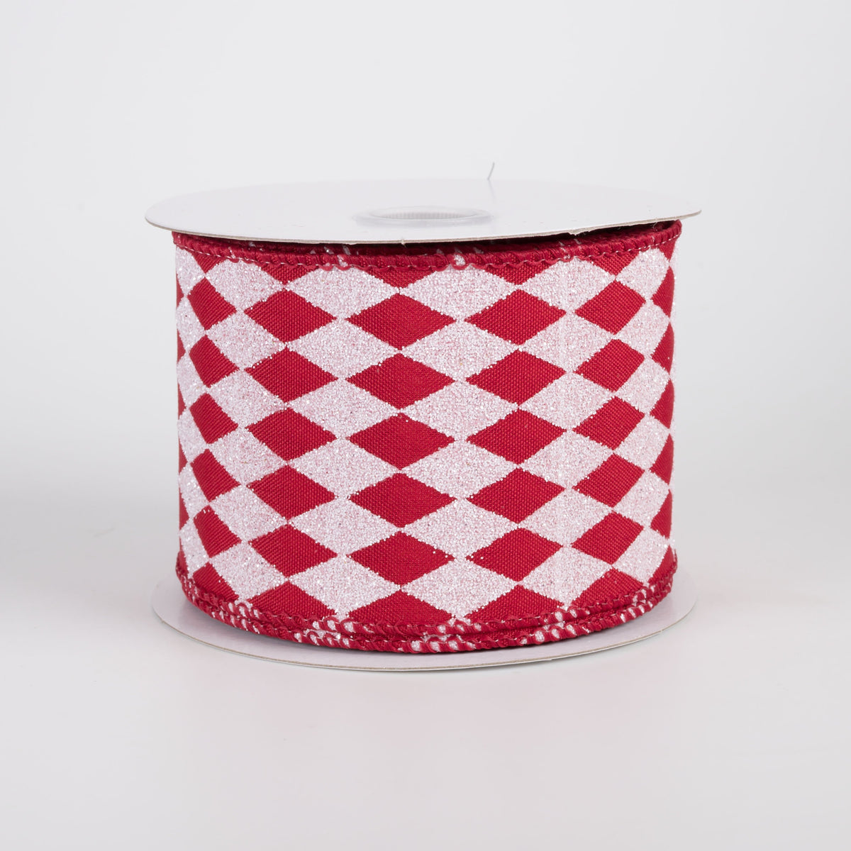 2.5" Narrow Glitter Harlequin on Satin Ribbon: White on Red (10 Yards) Item Number: 71613-40-13