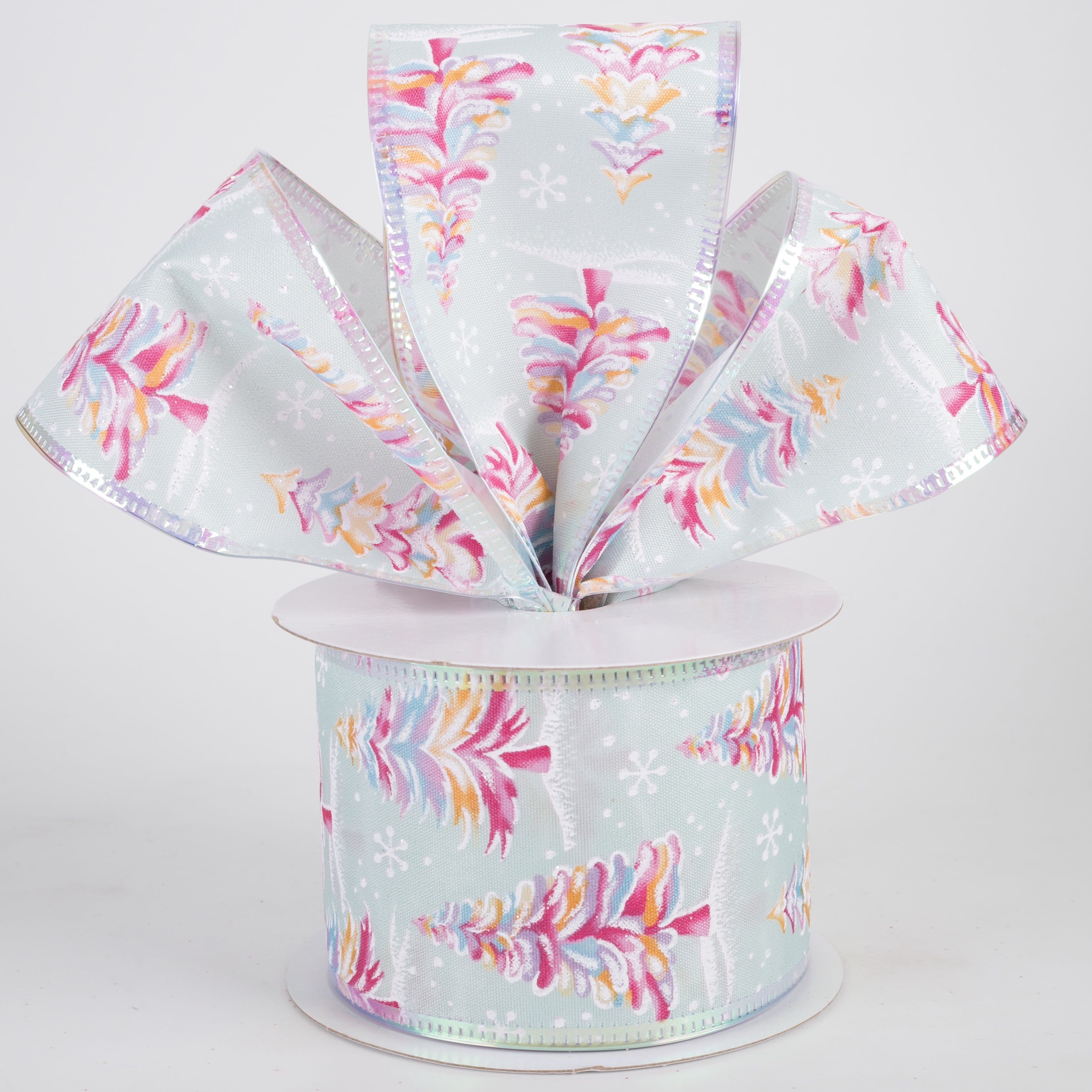 2.5" Pastel Snowy Trees Iridescent Edge Ribbon: Blue (10 Yards) Lifestyle Photo