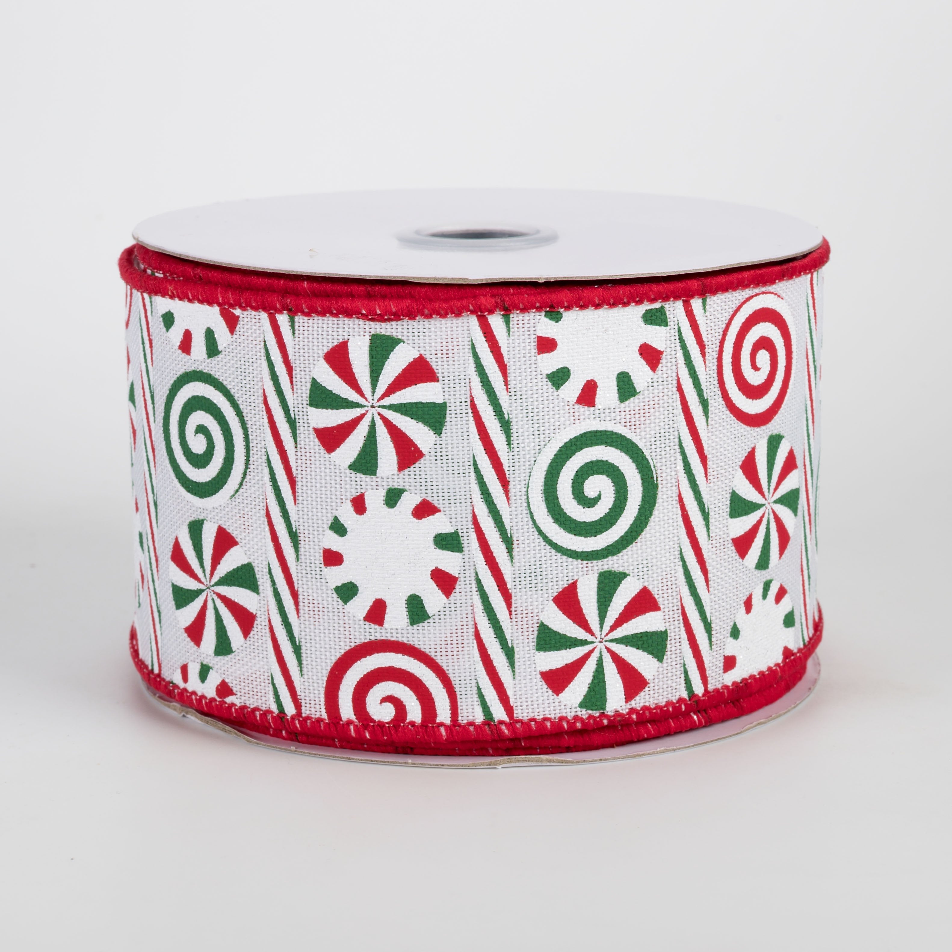 2.5" Peppermints & Peppermint Stripes Ribbon: White, Red & Emerald (10 Yards) Item Number: RGH135867
