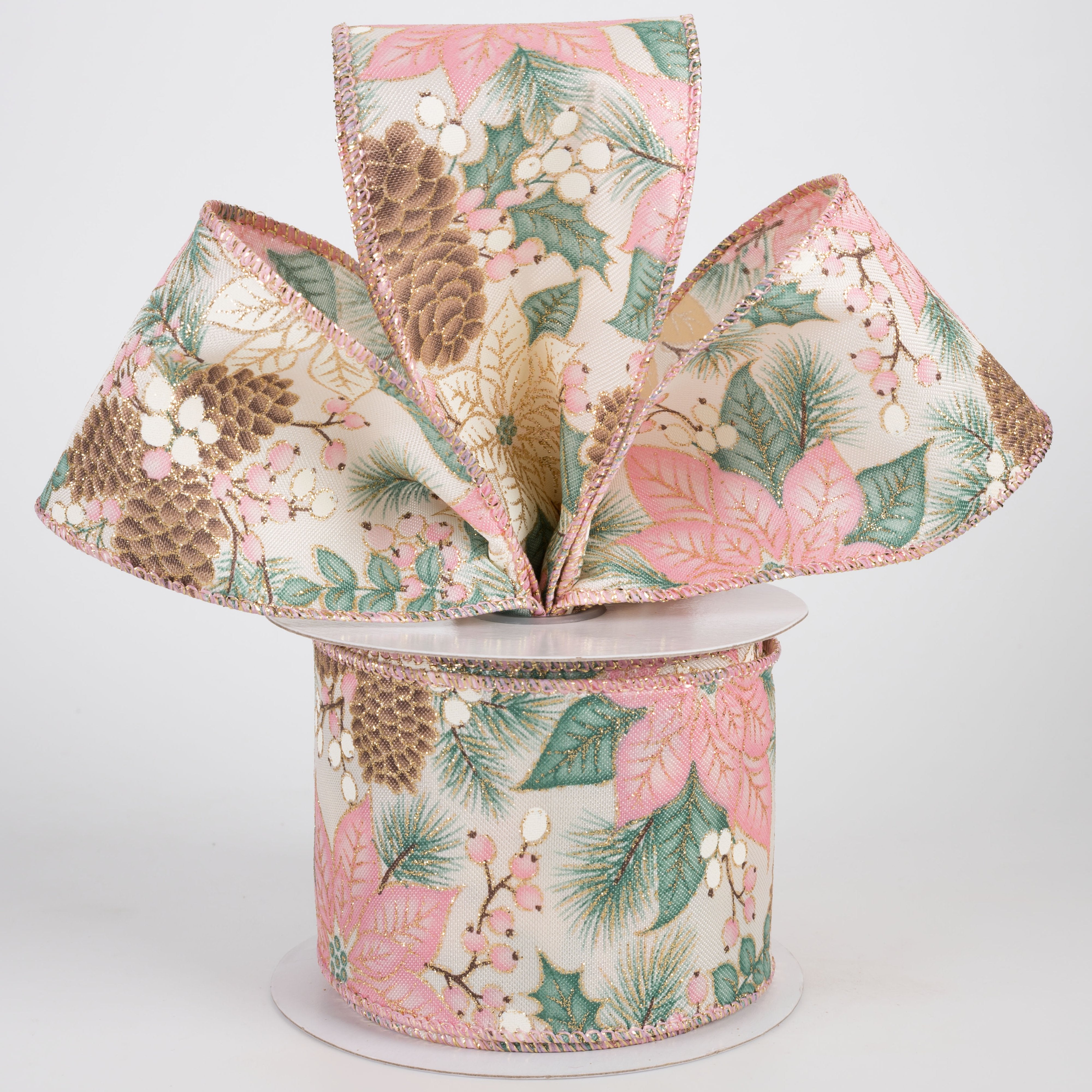 2.5" Poinsettias & Pinecones Ribbon: Pink & Ivory on Cream (10 Yards) Lifestyle Photo
