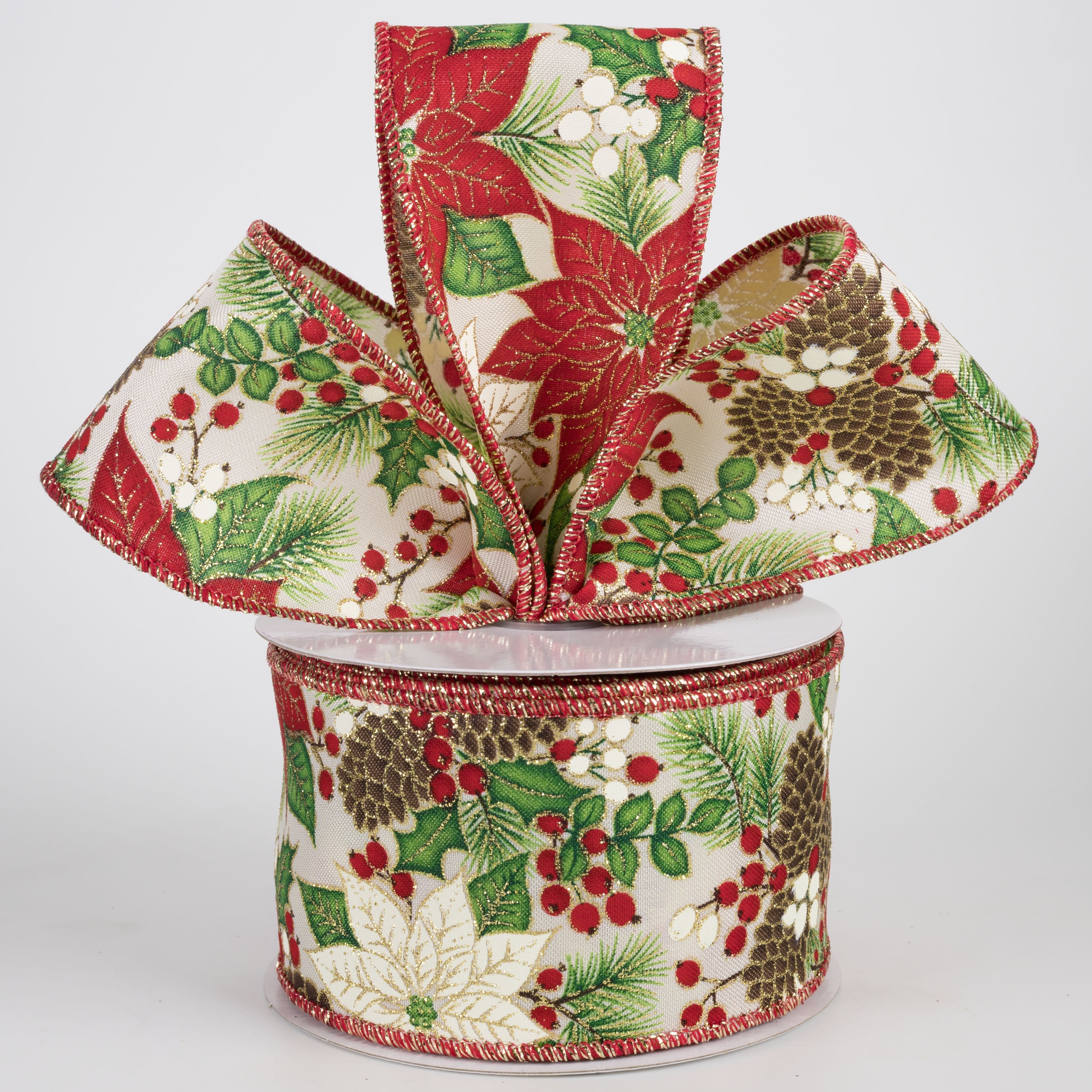 2.5" Poinsettias & Pinecones Ribbon: Red & Ivory on Cream (10 Yards) Lifestyle Photo