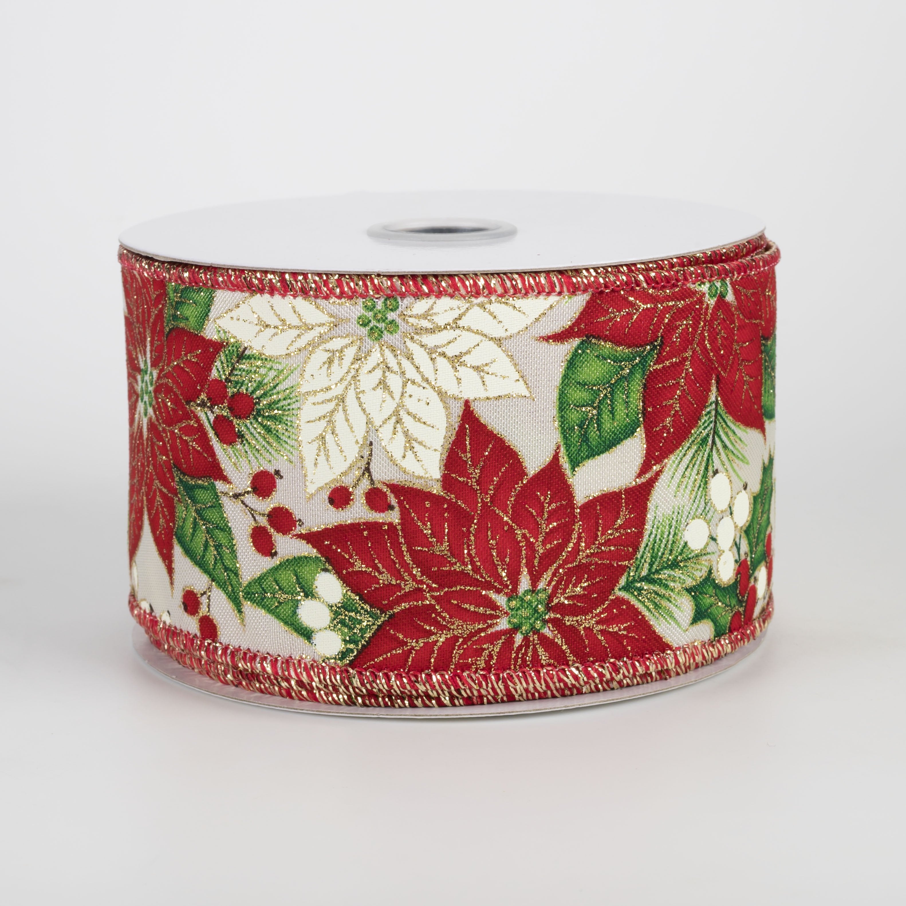2.5" Poinsettias & Pinecones Ribbon: Red & Ivory on Cream (10 Yards) Item Number: RGF1761C2