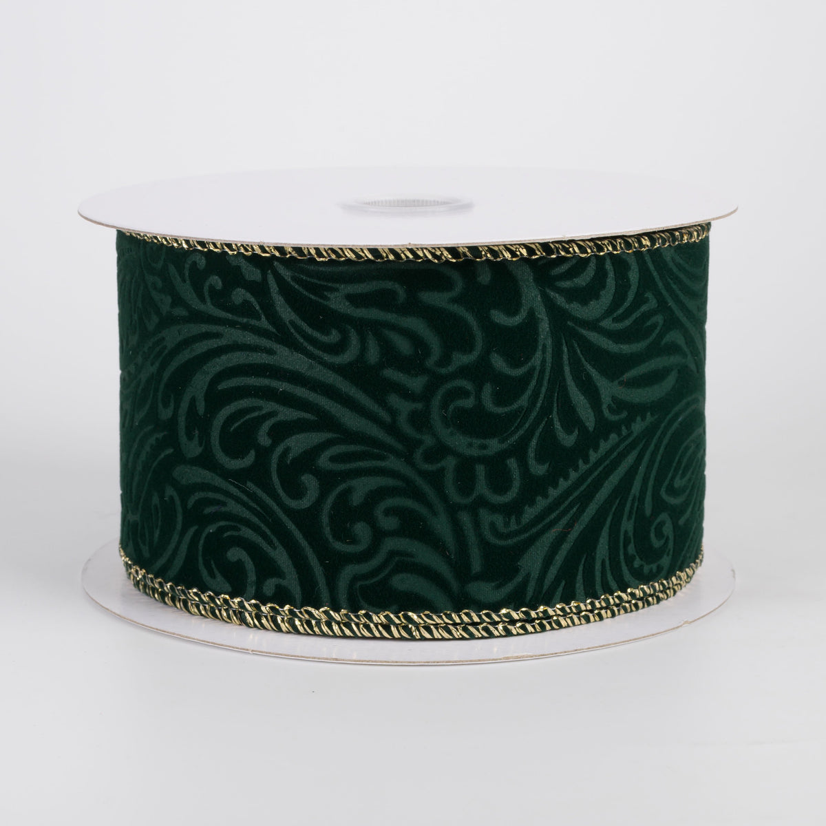 2.5" Pressed Swirls Gold Edge Velvet Ribbon: Hunter Green (10 Yards) Item Number: 71689-40-07