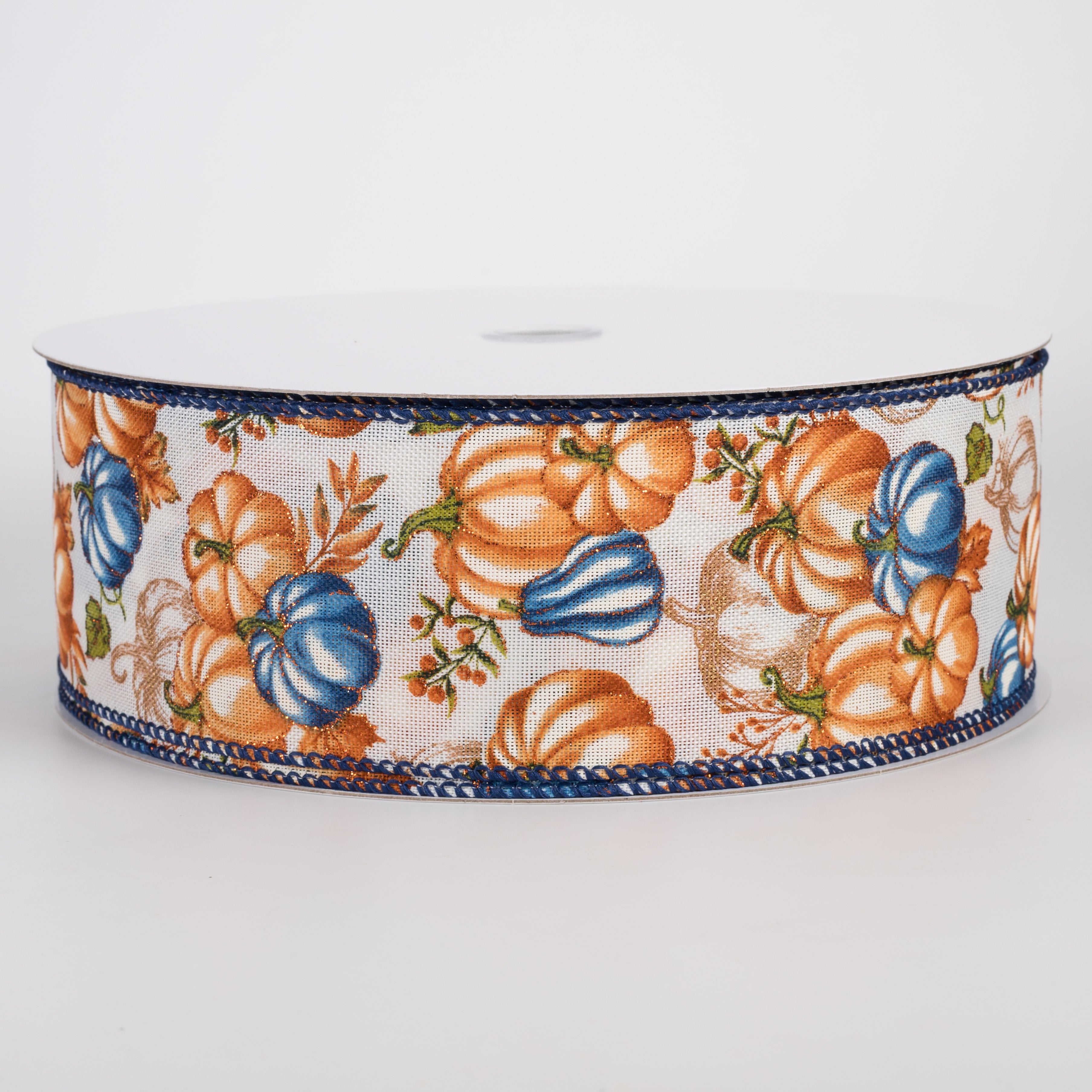 2.5" Rust, Blue & Gold Pumpkins Ribbon: Cream Linen (50 Yards) Item Number: 861-40-501