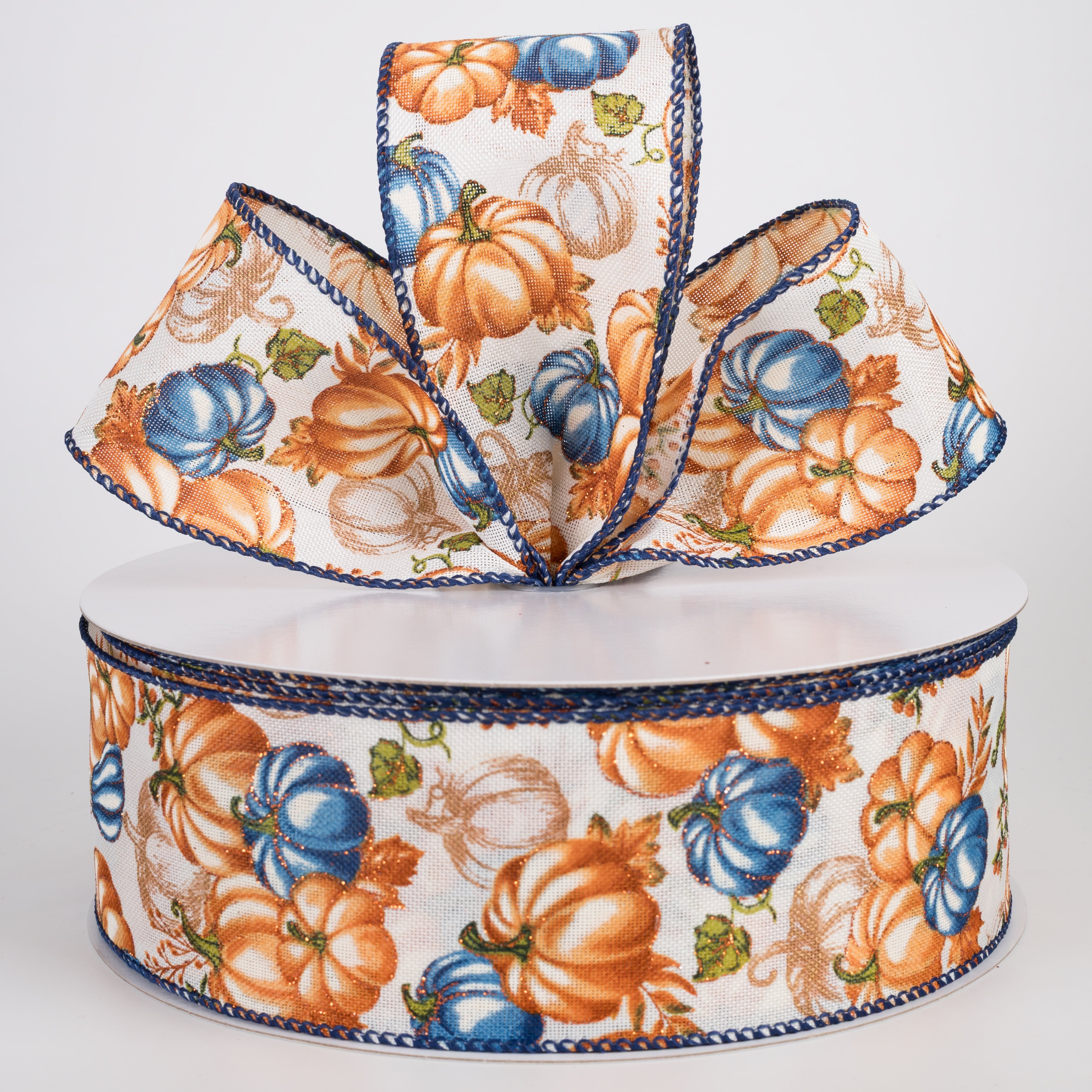 2.5" Rust, Blue & Gold Pumpkins Ribbon: Cream Linen (50 Yards) Lifestyle Photo