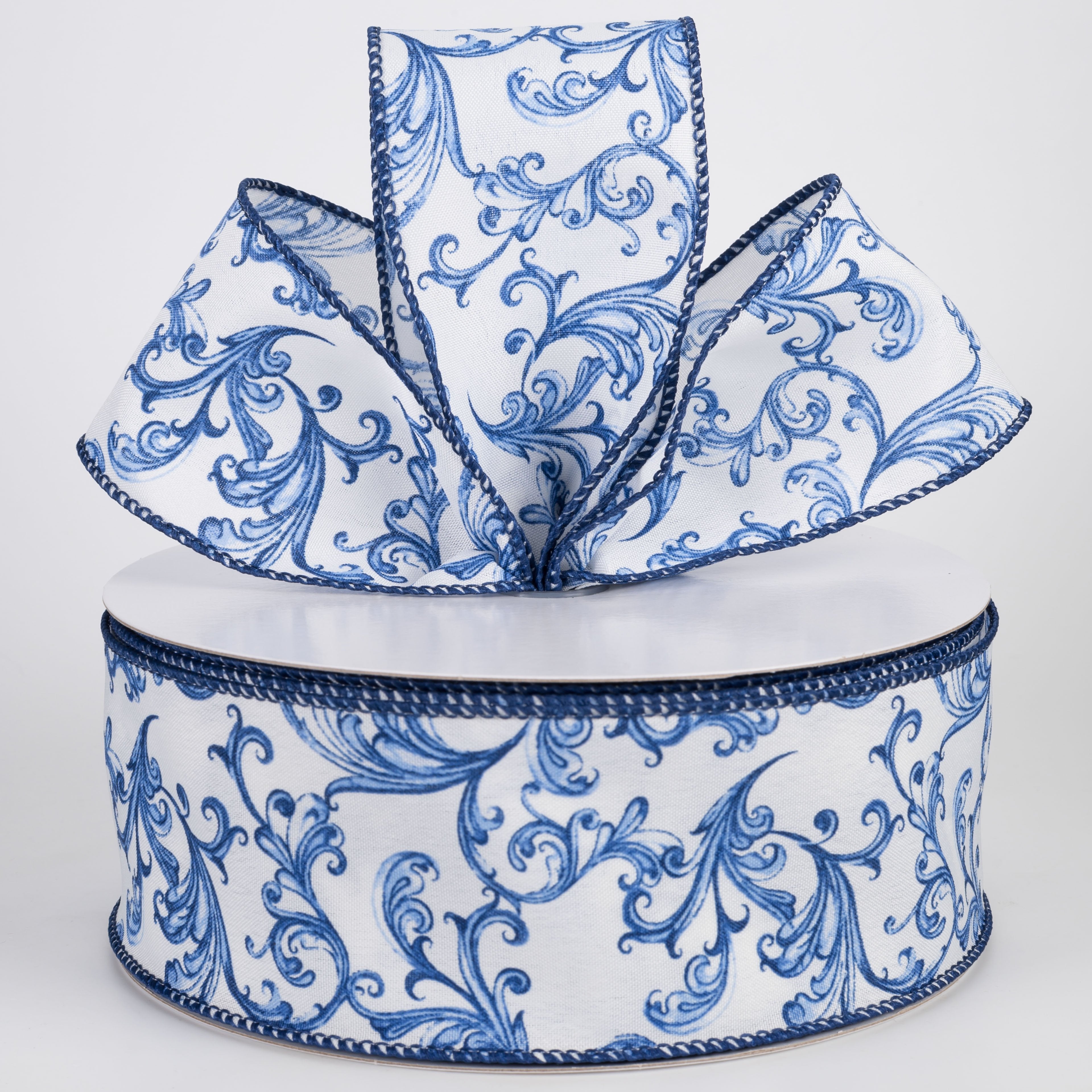 2.5" Satin Chinoiserie Swirls Ribbon: Blue on White (50 Yards) Lifestyle Photo