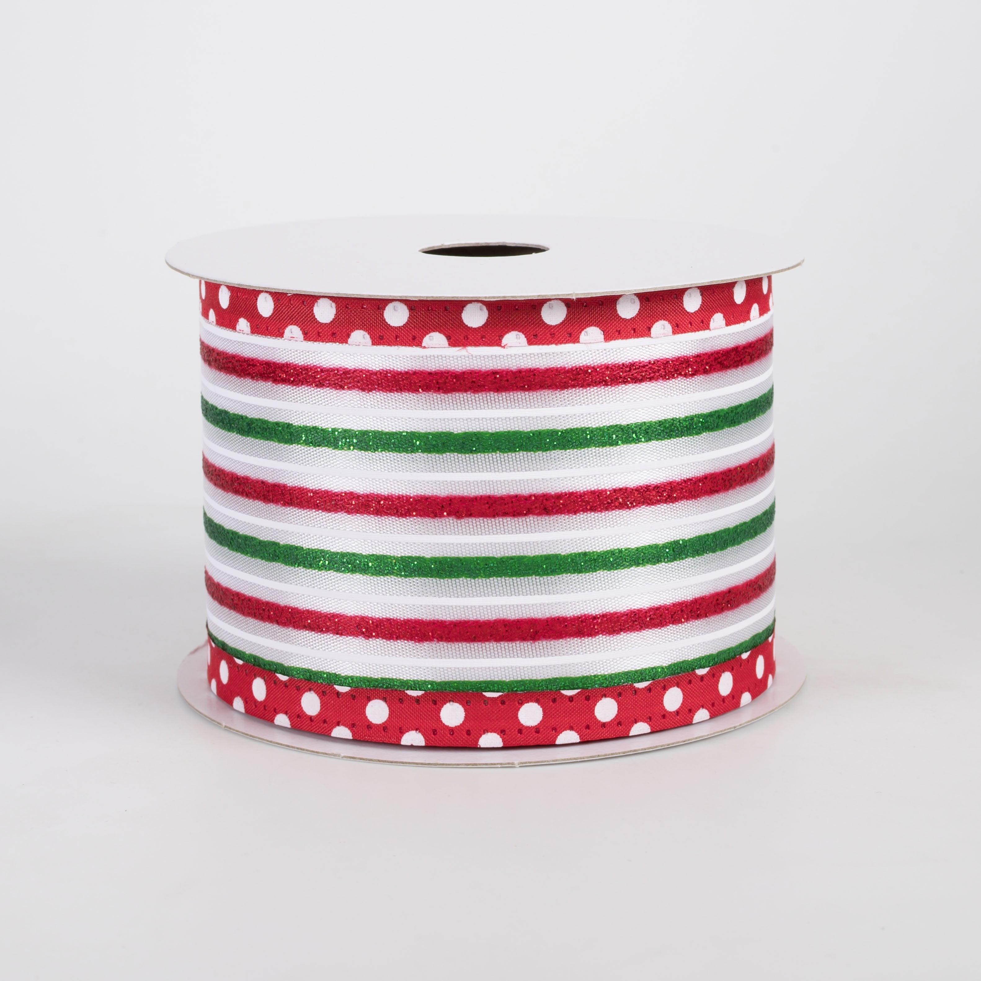 2.5" Satin Glitter Stripes Polka Dot Edge Ribbon: Red, White, Green (10 Yards) Item Number: 76537-40-17
